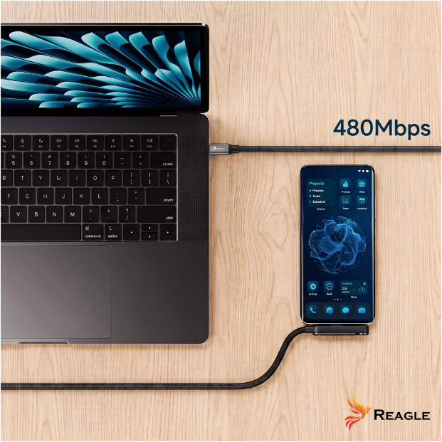 Na drewnianym blacie znajduje się laptop oraz smartfon połączone czarnym kablem USB-C, obok którego widnieje napis \'480Mbps\'. W prawym dolnym rogu widoczne jest logo \'Reagle\'.