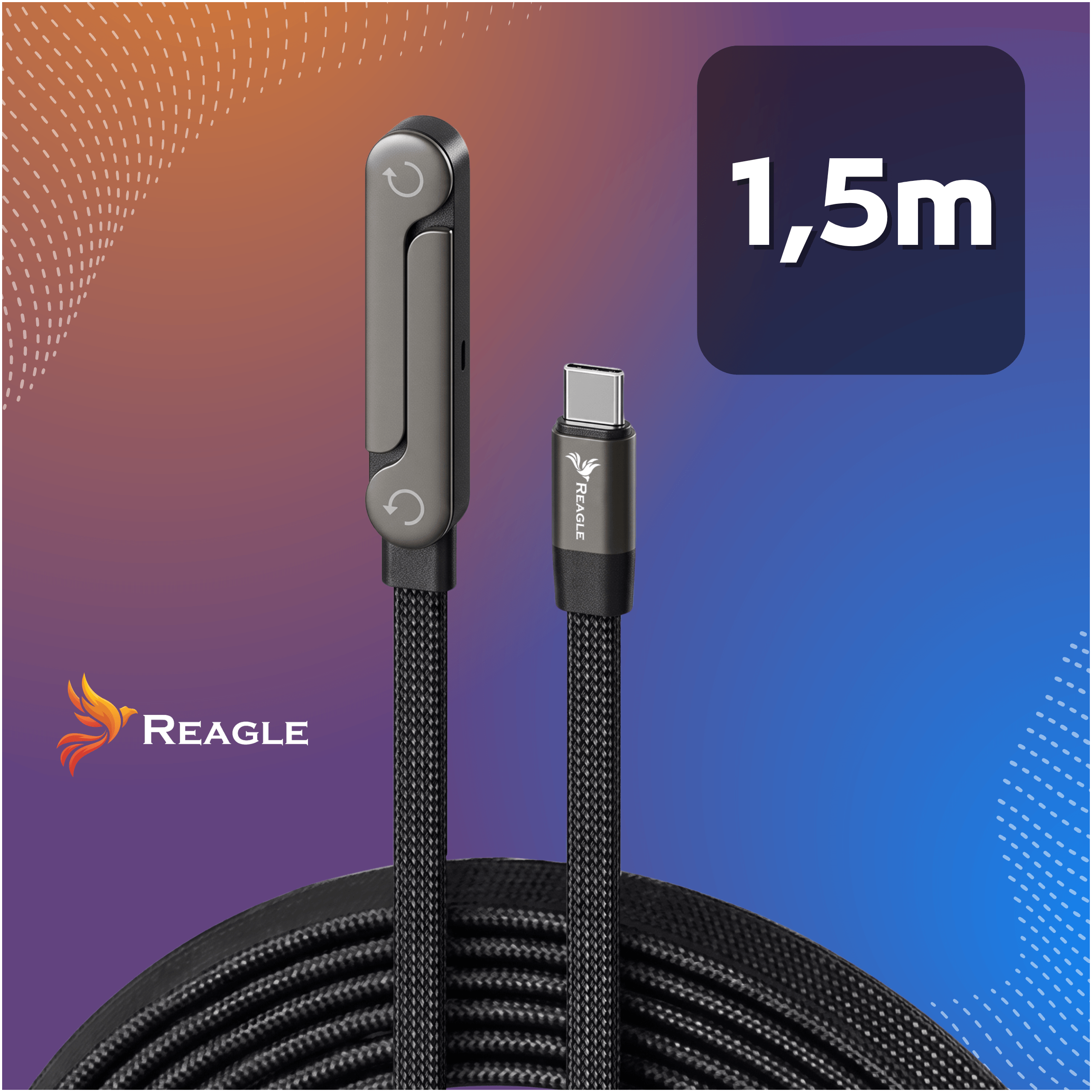 Na obrazie widoczny jest czarny kabel USB-C z logo Reagle oraz napis \'1,5m\'. Tło jest gradientowe w odcieniach pomarańczowego i niebieskiego.
