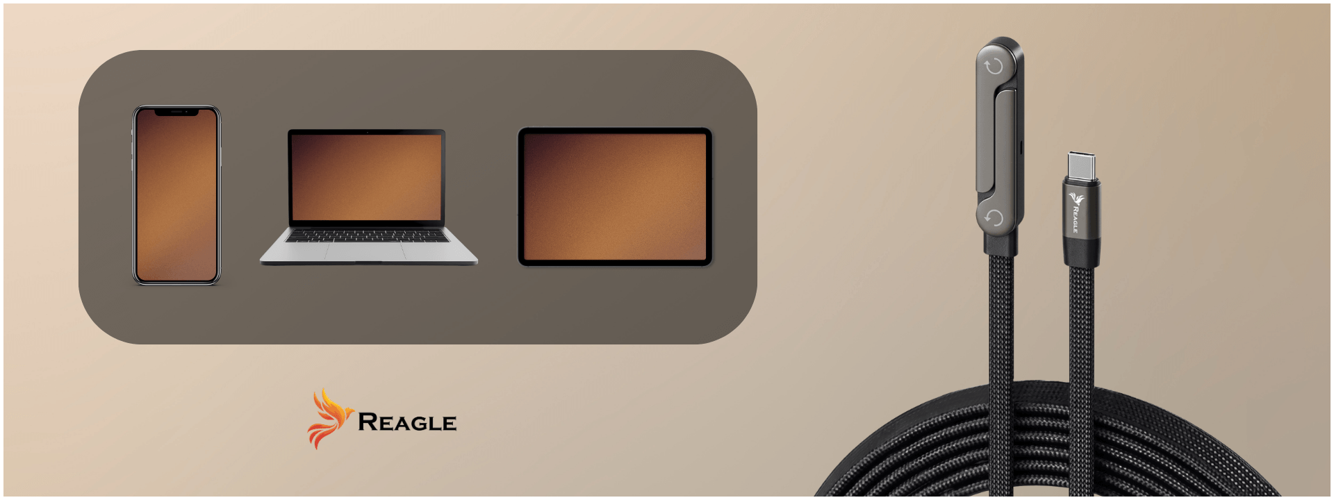 Obraz przedstawia kabel USB-C z plecionym czarnym przewodem i metalowymi końcówkami. Po lewej stronie widoczne są ikony telefonu, laptopa i tabletu oraz logo Reagle.