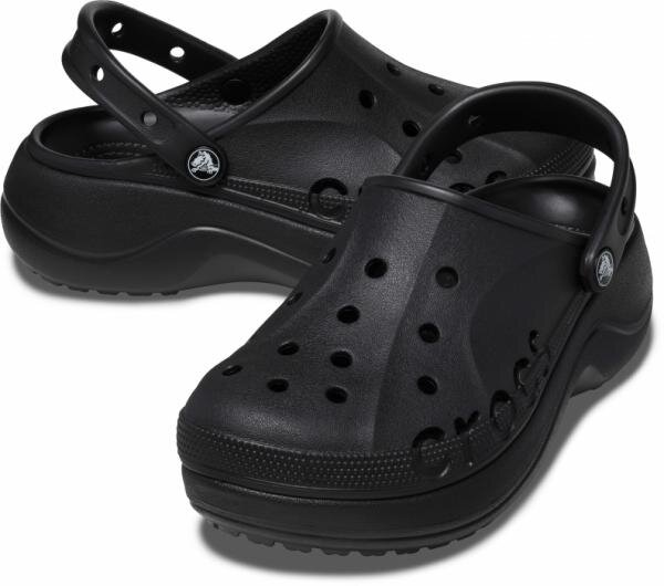 Czarne klapki z otworami wentylacyjnymi i regulowanym paskiem na piętę. Na boku widoczny napis \'crocs\'.