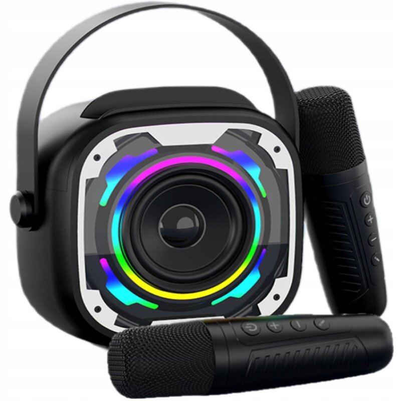 Na obrazie widoczny jest głośnik karaoke z podświetleniem LED RGB oraz dwa mikrofony. Głośnik ma uchwyt i kolorowe światła wokół membrany.
