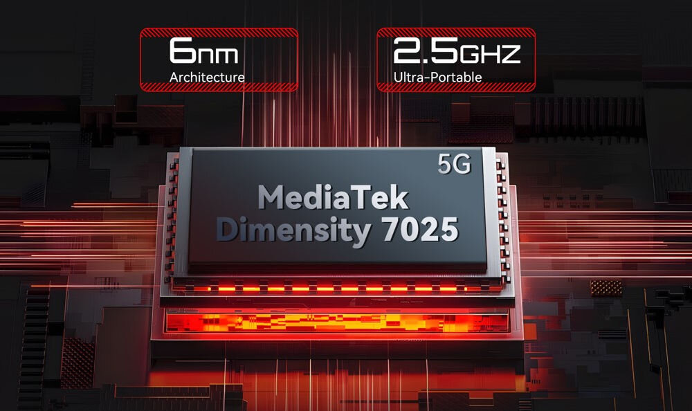 Obraz przedstawia procesor MediaTek Dimensity 7025 z oznaczeniami 6nm Architecture i 2.5GHz Ultra-Portable. Widoczne są efekty graficzne sugerujące szybkość i nowoczesność technologii 5G.