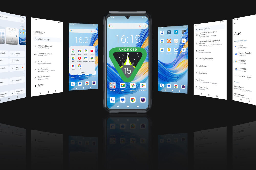 Na obrazie widoczny jest smartfon z wyświetlaczem pokazującym godzinę 16:19 oraz logo Android 15. W tle znajdują się ekrany z różnymi ustawieniami i aplikacjami systemu Android.