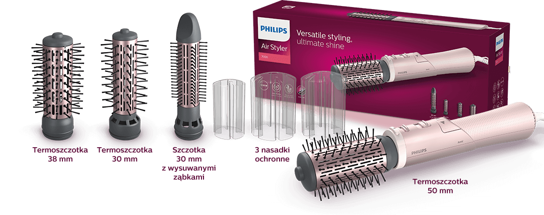 Na obrazie widoczna jest suszarko-lokówka z kilkoma wymiennymi końcówkami oraz opakowanie z napisem \'PHILIPS Air Styler 7000\'. Końcówki mają różne rozmiary i kształty, a obok nich znajdują się przezroczyste osłony.