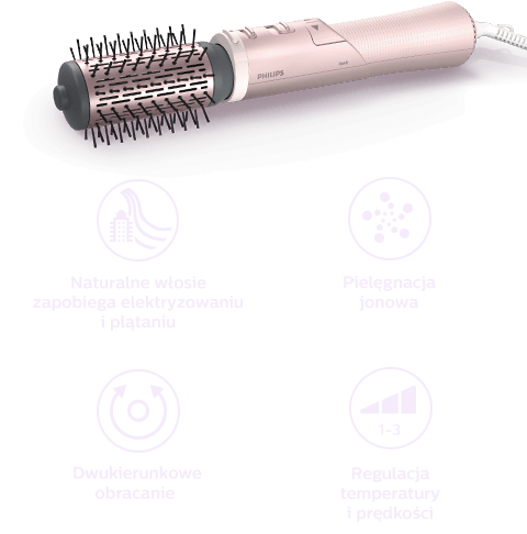 Suszarko-lokówka w kolorze różowym z widocznym logo PHILIPS, posiada okrągłą szczotkę z naturalnym włosiem. Obok znajdują się ikony z tekstem: \'Naturalne włosie zapobiega elektryzowaniu i plątaniu\', \'Pielęgnacja jonowa\', \'Dwukierunkowe obracanie\', \'Regulacja temperatury i prędkości\'.
