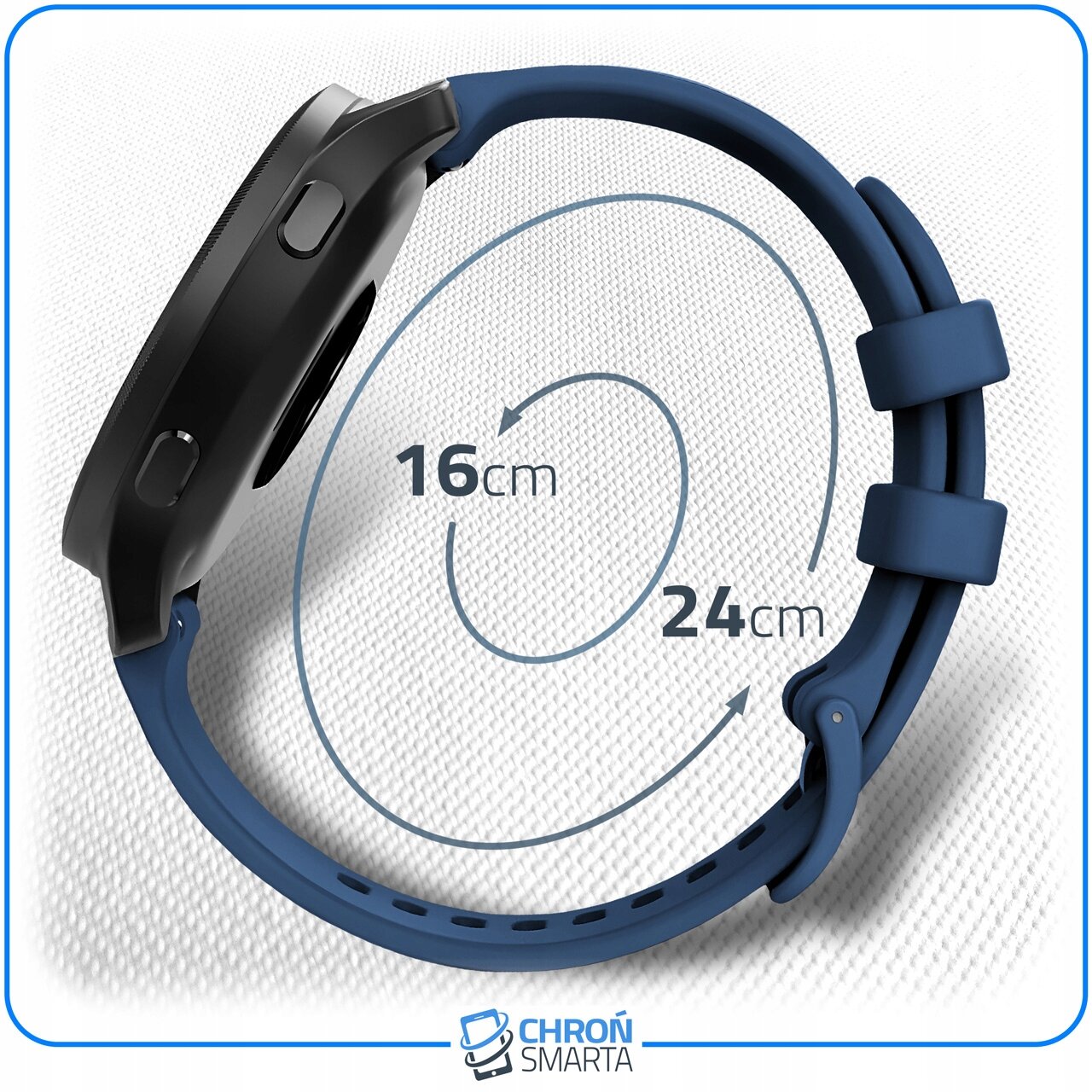 Obraz przedstawia niebieski pasek do smartwatcha z oznaczeniami długości 16 cm i 24 cm. Na dole widoczne jest logo \'CHROŃ SMARTA\'.