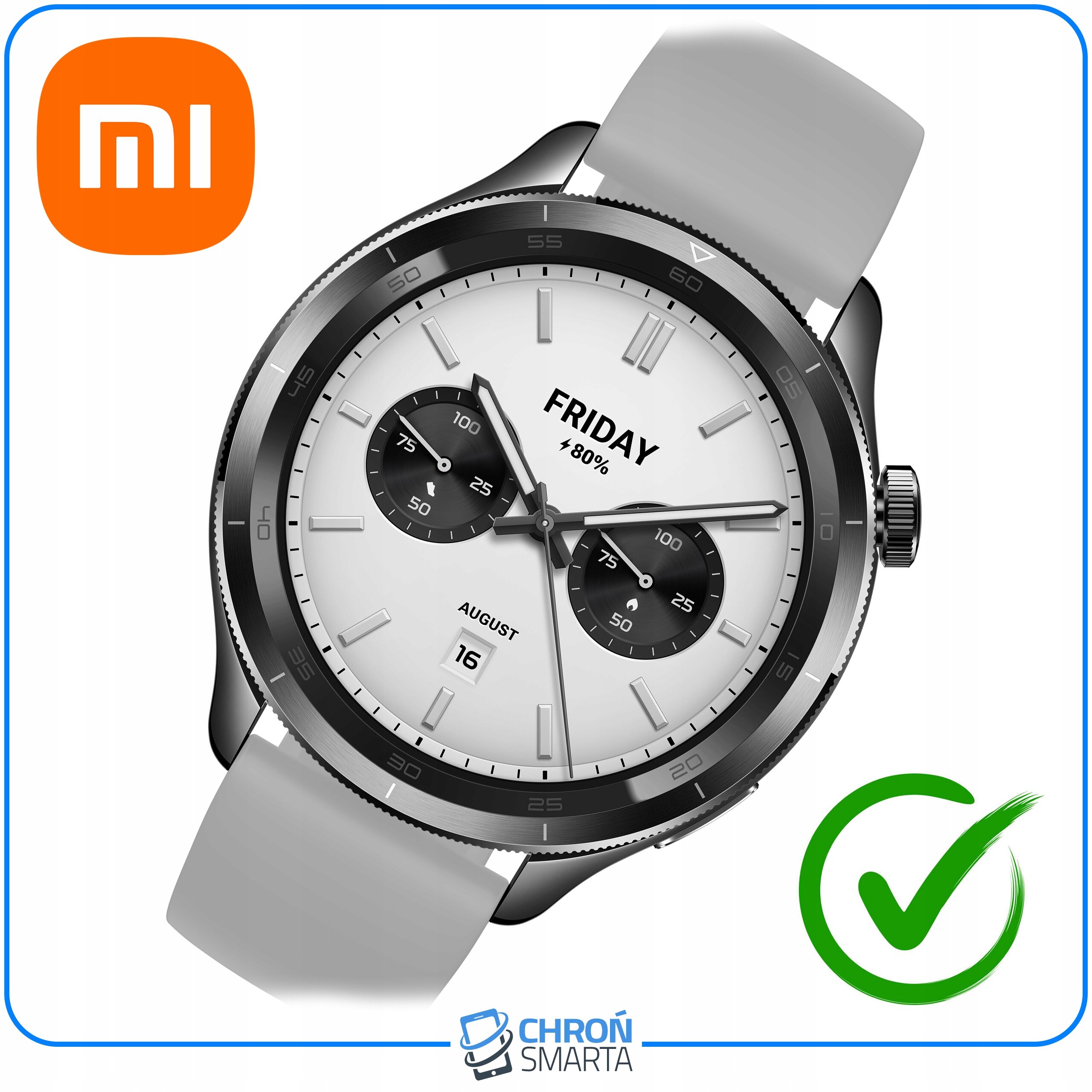 Obraz przedstawia smartwatch z białą tarczą i szarym paskiem, z widocznymi napisami \'FRIDAY 80%\', \'AUGUST 16\'. W lewym górnym rogu znajduje się logo \'mi\', a na dole logo \'CHROŃ SMARTA\' z ikoną zielonego znaku wyboru.