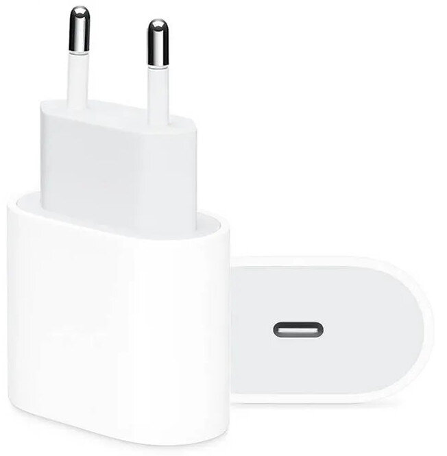 Biała ładowarka sieciowa z wtyczką USB-C i dwoma metalowymi bolcami. Obok widoczny jest port USB-C na białym tle.