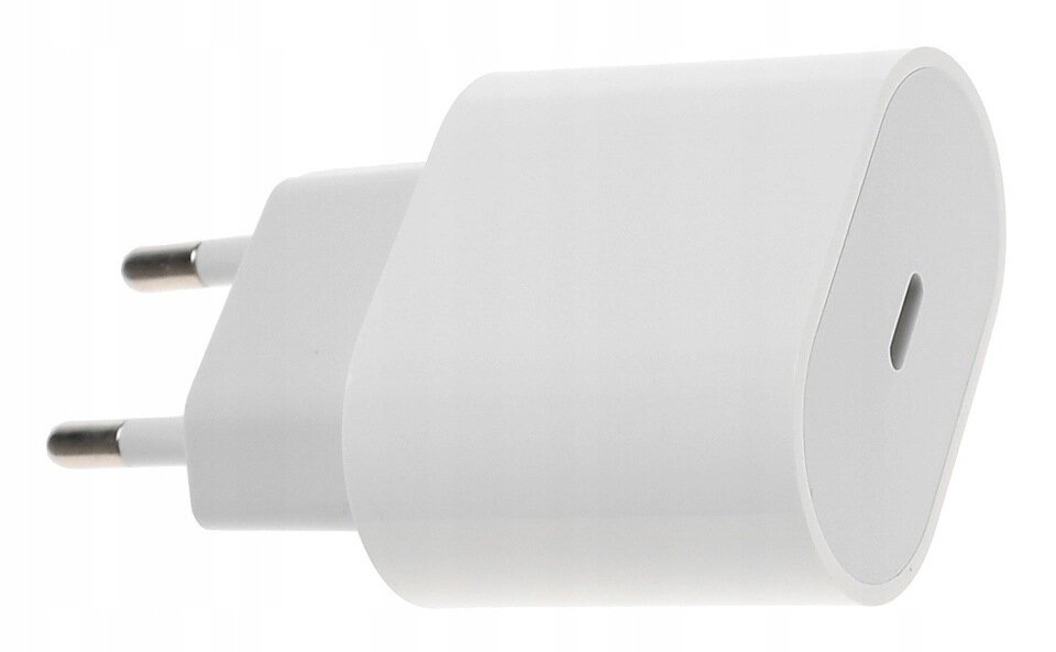 Biała ładowarka sieciowa z wtyczką USB-C, o prostokątnym kształcie z zaokrąglonymi krawędziami. Widoczna jest część z dwoma metalowymi bolcami do podłączenia do gniazdka elektrycznego.
