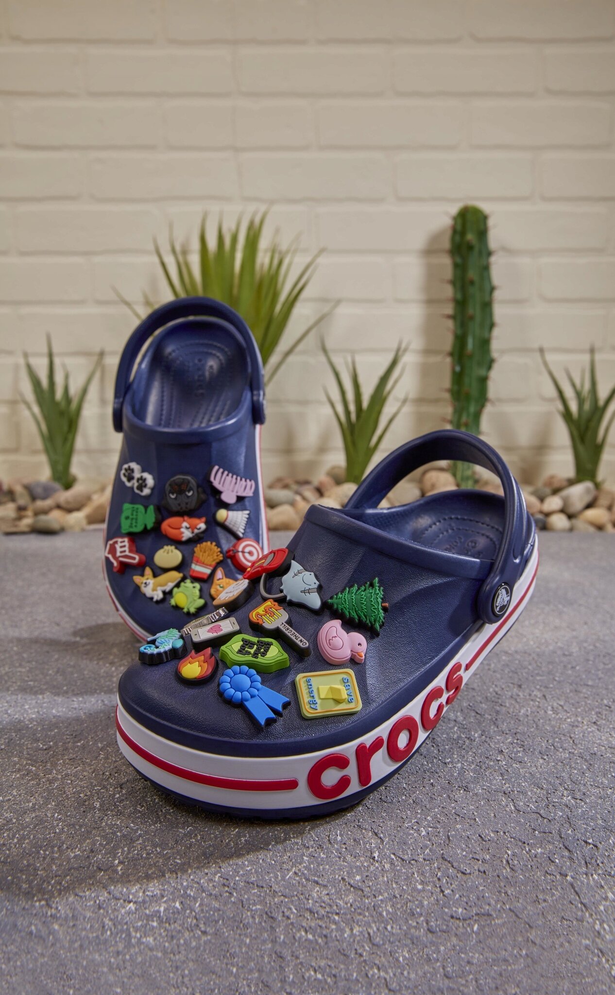 Na zdjęciu widoczne są granatowe chodaki z kolorowymi ozdobami na wierzchu, z napisem \'crocs\' na boku podeszwy. W tle znajduje się ściana z cegieł oraz rośliny w doniczkach.