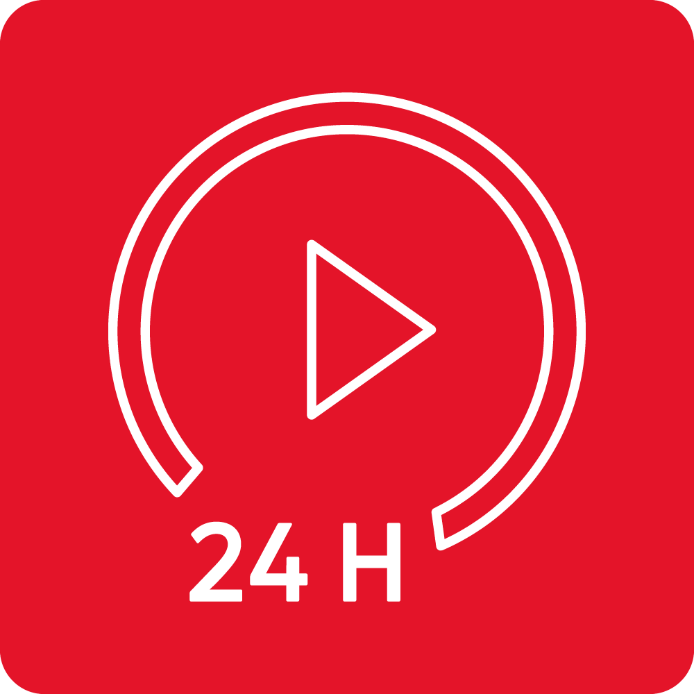 Czerwony kwadratowy znak z białym symbolem odtwarzania w okręgu i napisem \'24 H\'.