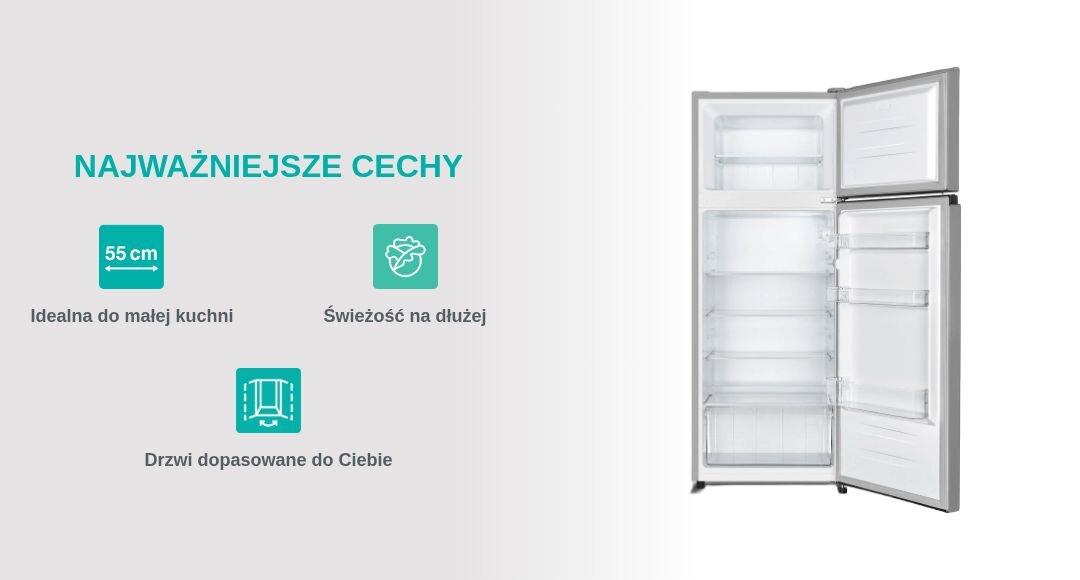 Obraz przedstawia otwartą lodówkę z dwoma drzwiami, obok której znajdują się trzy ikony z tekstem: \'55 cm Idealna do małej kuchni\', \'Świeżość na dłużej\', \'Drzwi dopasowane do Ciebie\'.