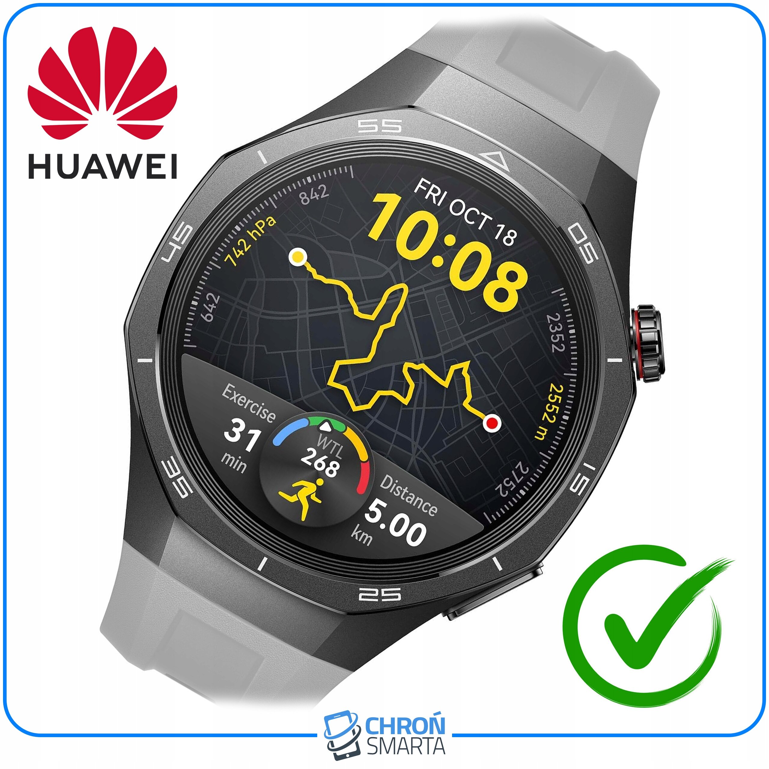 Smartwatch z wyświetlaczem pokazującym datę, godzinę 10:08, trasę biegu oraz dane dotyczące ćwiczeń. Widoczne logo Huawei i napis \'CHROŃ SMARTA\'.