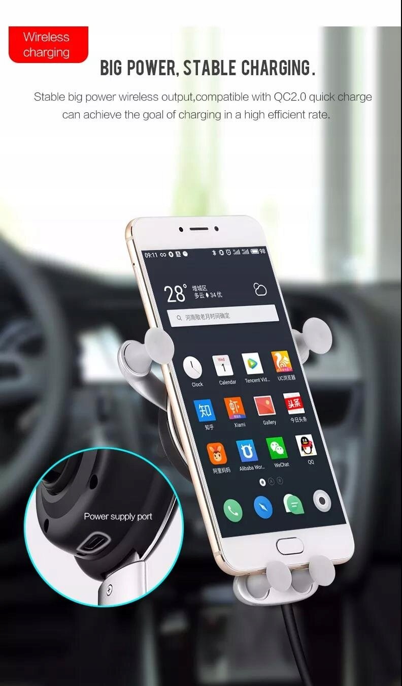 Obraz przedstawia telefon zamocowany w uchwycie do kratki wentylacyjnej samochodu, z widocznym ekranem pełnym ikon aplikacji. Na górze widnieje tekst: \'BIG POWER, STABLE CHARGING\', a w lewym górnym rogu czerwony napis \'Wireless charging\'.