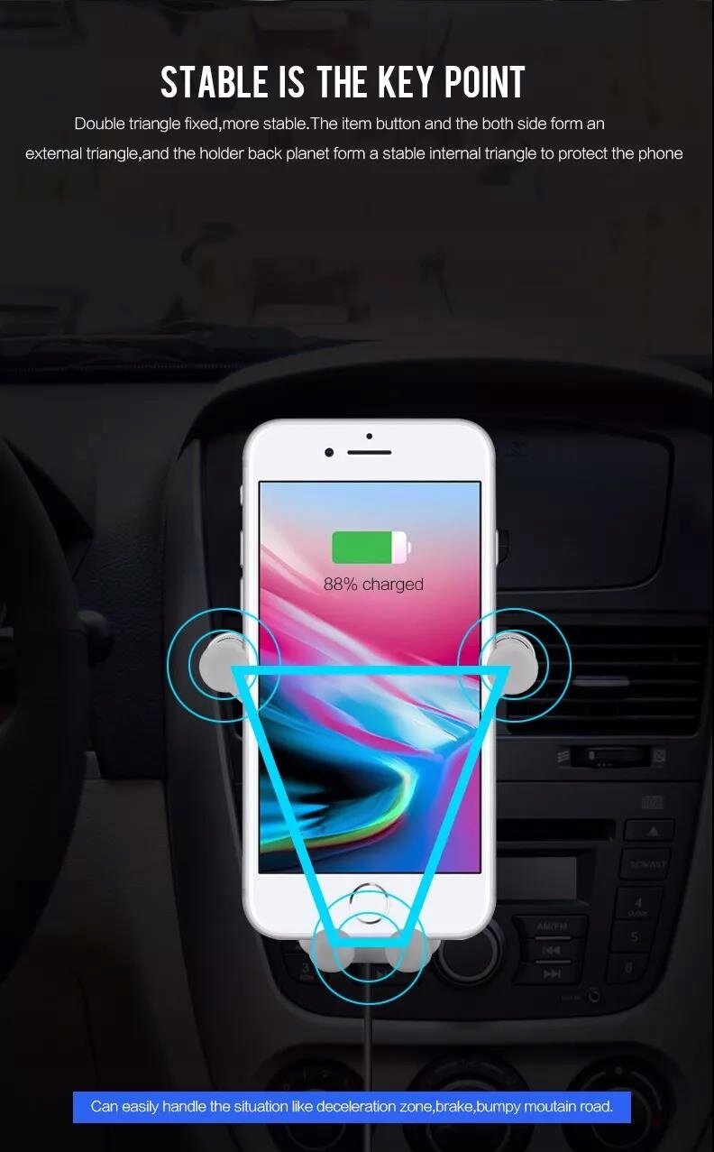Obraz przedstawia telefon zamocowany w uchwycie samochodowym z funkcją ładowania indukcyjnego, z widocznym wskaźnikiem naładowania baterii na poziomie 88%. Na górze znajduje się tekst: \'STABLE IS THE KEY POINT\', a poniżej opis dotyczący stabilności uchwytu w formie trójkąta.