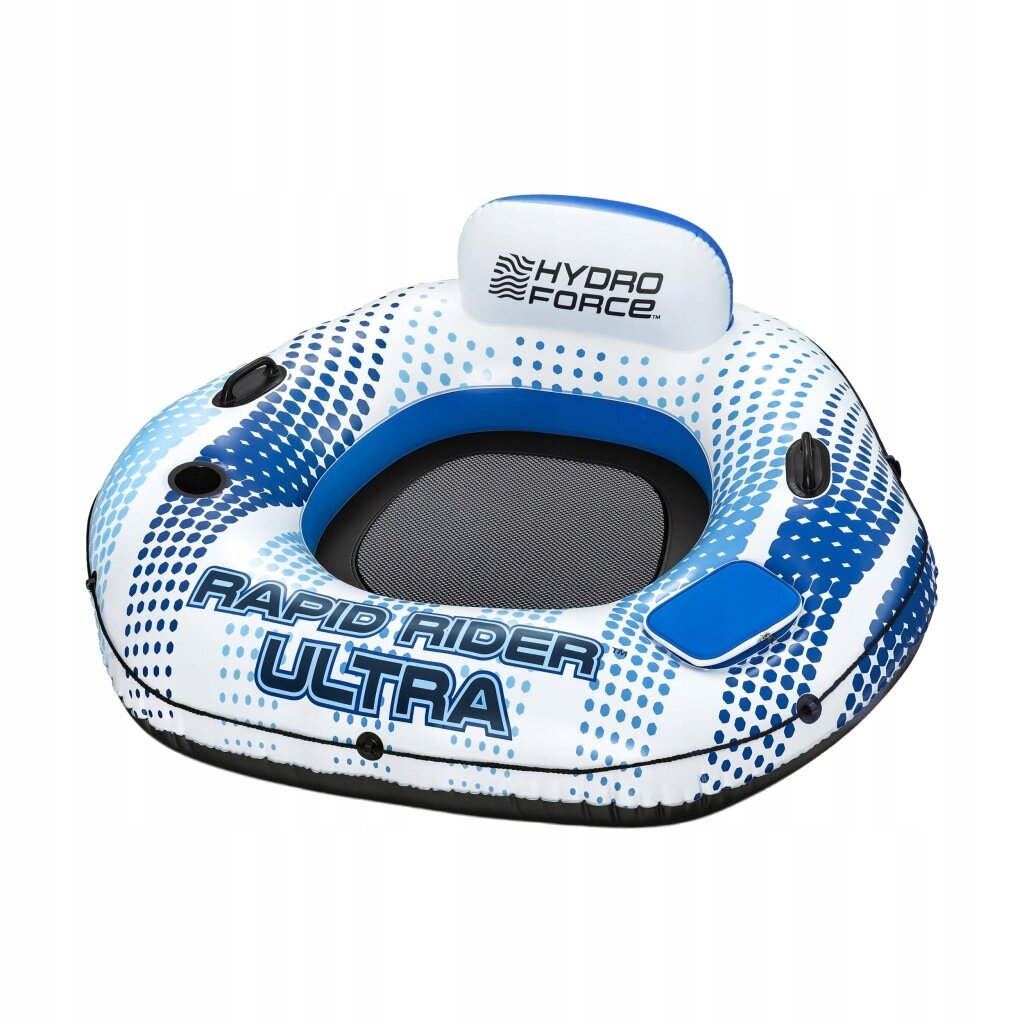 Dmuchany fotel do pływania w kolorze białym z niebieskimi akcentami, z napisem \'RAPID RIDER ULTRA\' oraz logo \'HYDRO FORCE\'.