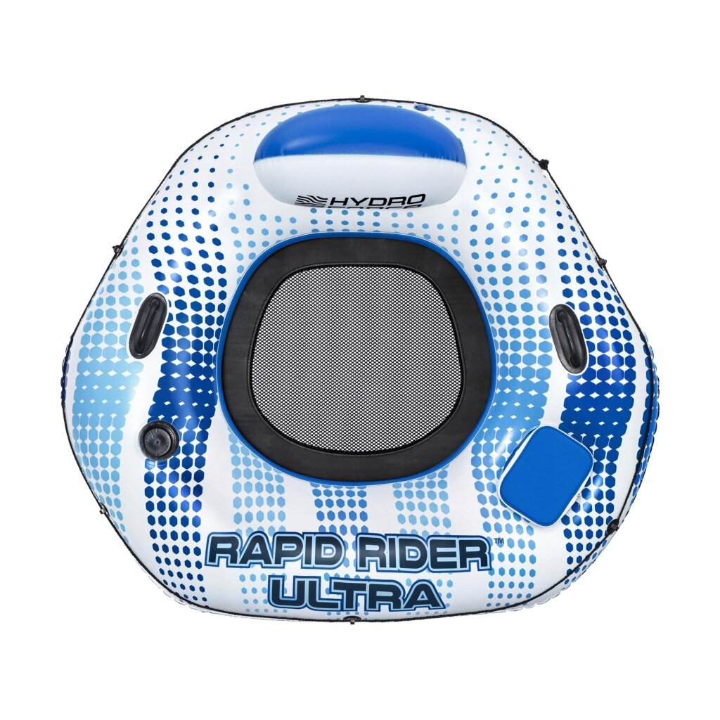 Dmuchany fotel do pływania z napisem \'RAPID RIDER ULTRA\' i logo \'HYDRO\'. Produkt ma biało-niebieski wzór z czarnymi i niebieskimi elementami.