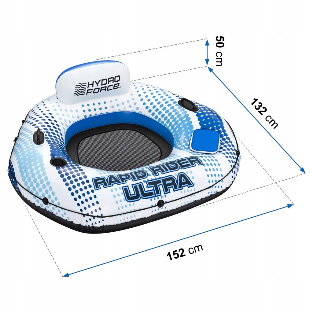 Dmuchany fotel do pływania z napisem \'RAPID RIDER ULTRA\' i logo \'HYDRO FORCE\', w kolorach niebieskim i białym, o wymiarach 152x132x50 cm.