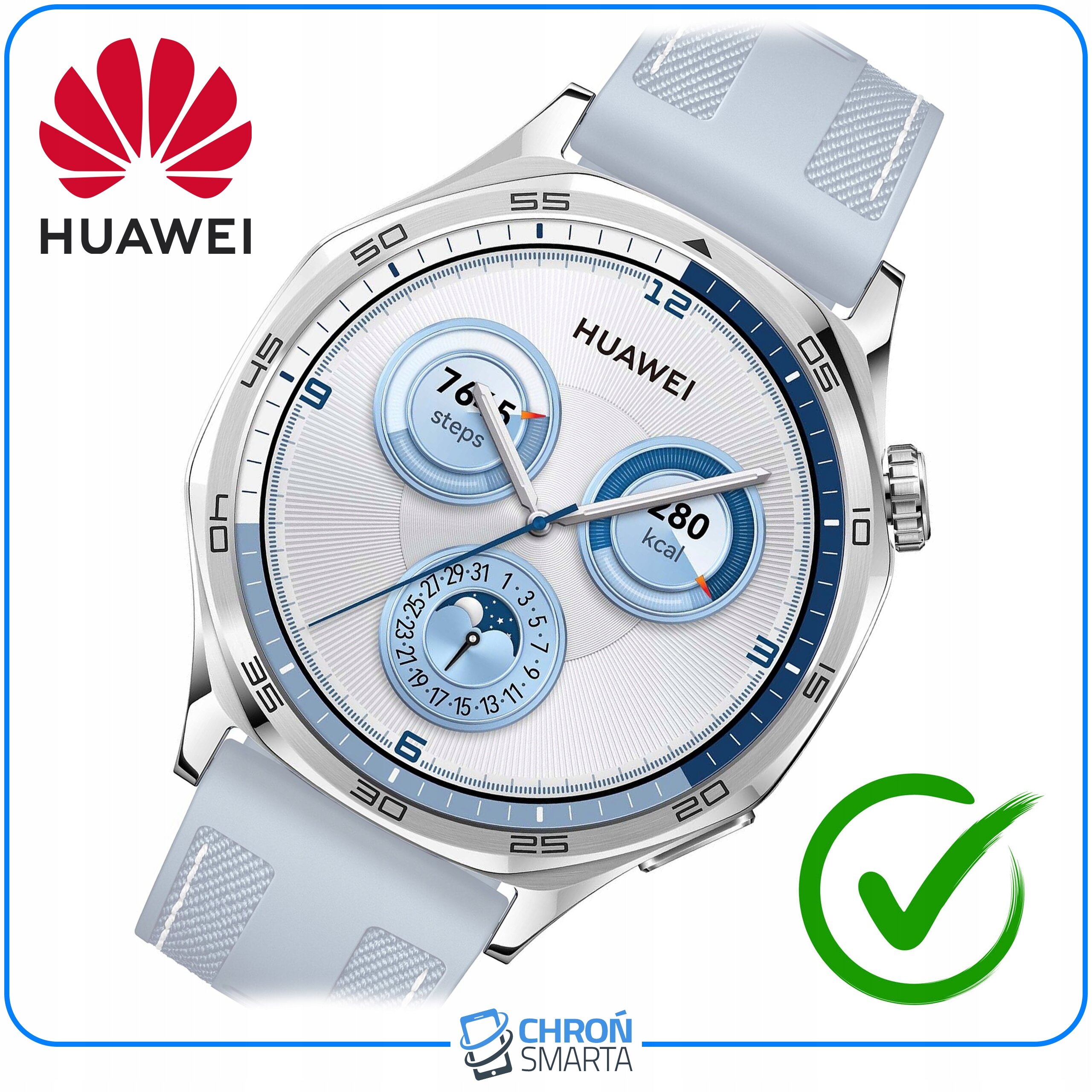 Na obrazie widoczny jest zegarek Huawei z jasnoniebieskim paskiem i tarczą z trzema małymi cyferblatami. W lewym górnym rogu znajduje się logo Huawei, a na dole logo ChronSmarta.