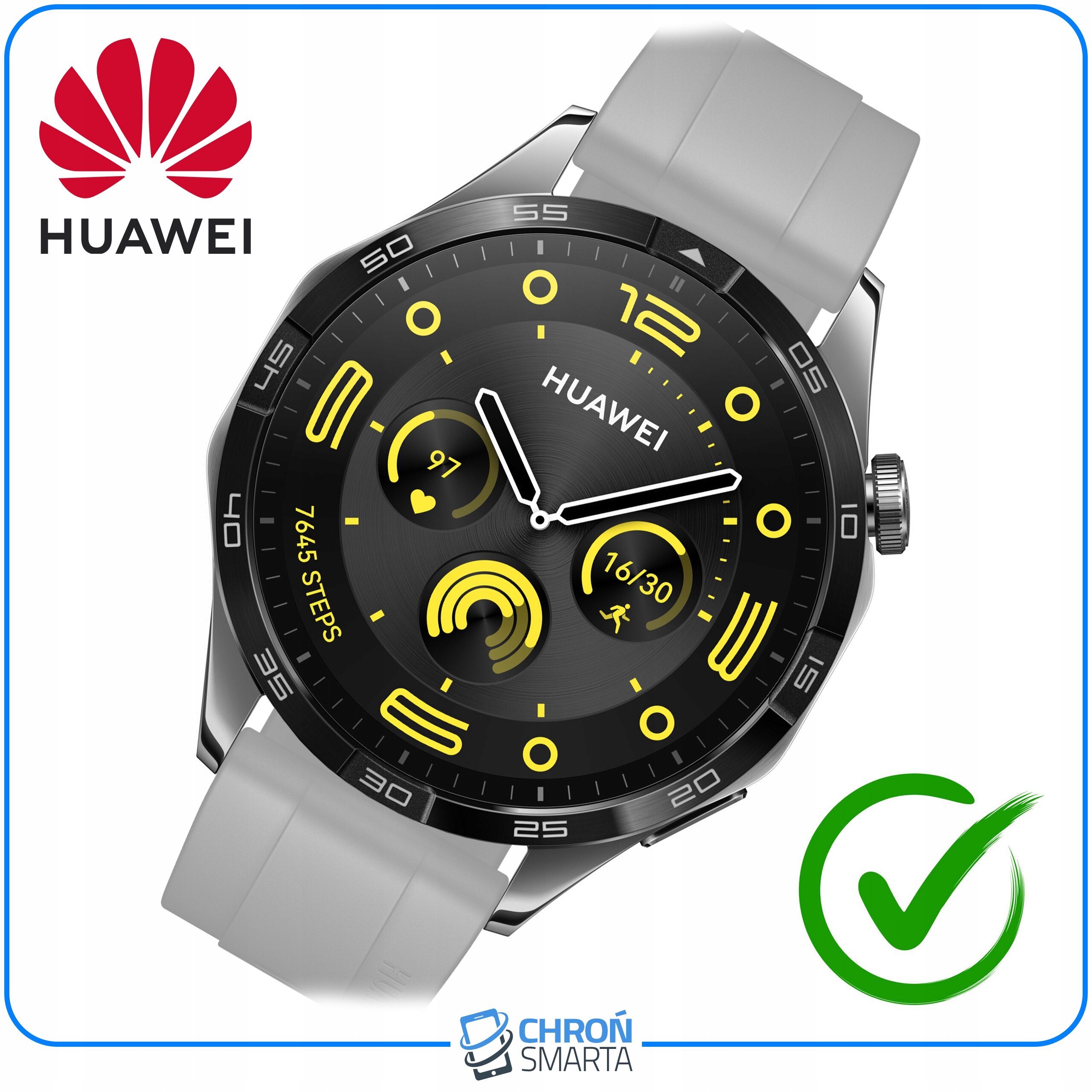 Na obrazie widoczny jest smartwatch Huawei z szarym paskiem i tarczą z żółtymi elementami. W lewym górnym rogu znajduje się logo Huawei, a na dole logo ChronSmarta.
