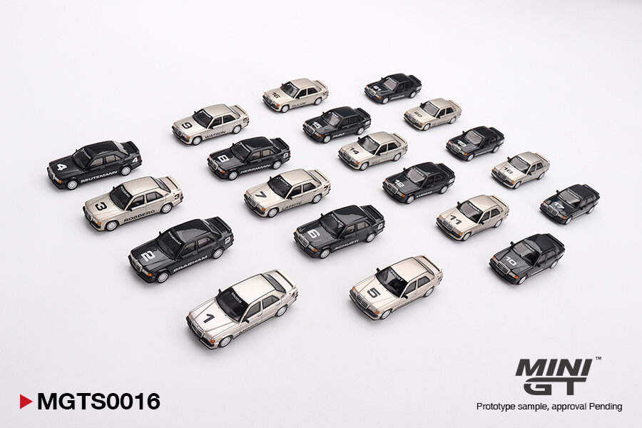Na obrazie znajduje się zestaw 20 metalowych modeli samochodów w skali 1:64, ułożonych w czterech rzędach. Widoczne są napisy \'MGTS0016\' oraz \'MINI GT\' z dopiskiem \'Prototype sample, approval Pending\'.