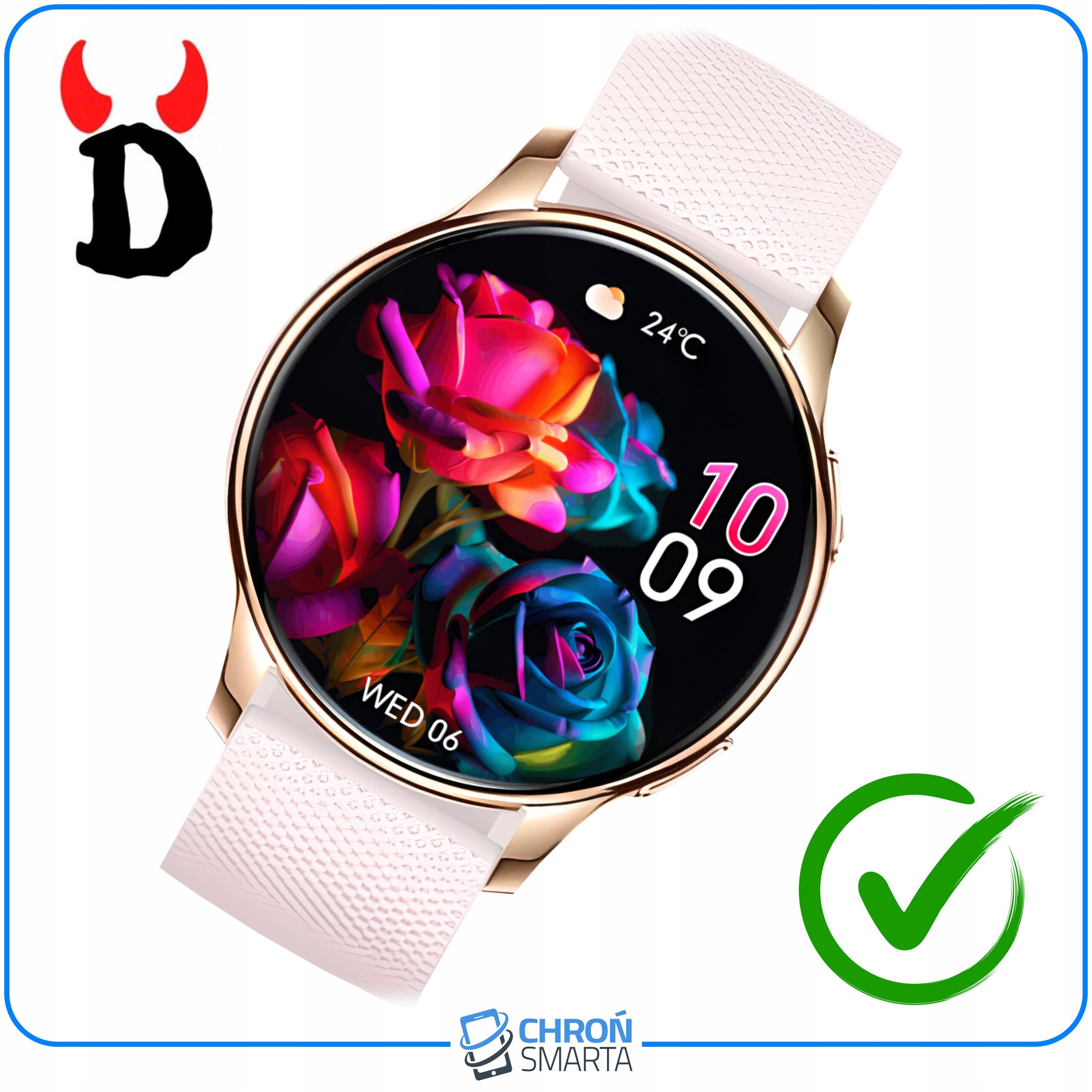 Obraz przedstawia smartwatch z kolorowym wyświetlaczem, na którym widoczne są kwiaty, temperatura 24°C oraz data WED 06. W lewym górnym rogu znajduje się logo z literą \'D\', a na dole napis \'CHROŃ SMARTA\'.