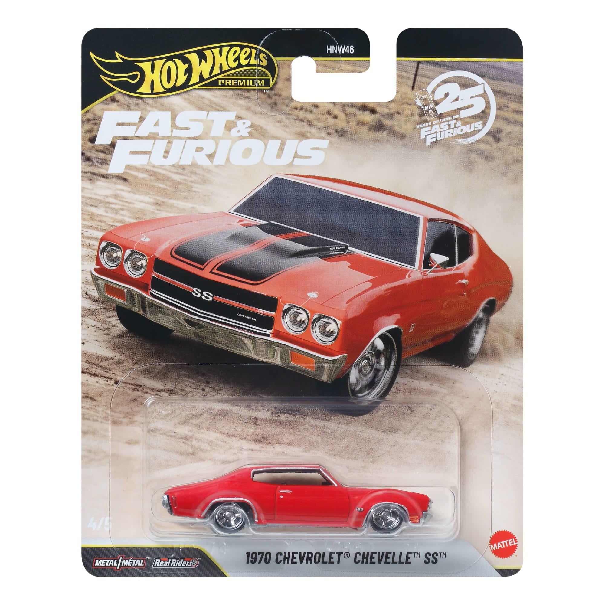 Opakowanie modelu samochodu Hot Wheels z serii Fast & Furious, przedstawiające czerwony Chevrolet Chevelle SS z 1970 roku. Na opakowaniu widnieje napis \'1970 CHEVROLET CHEVELLE SS\' oraz logo Hot Wheels i Mattel.