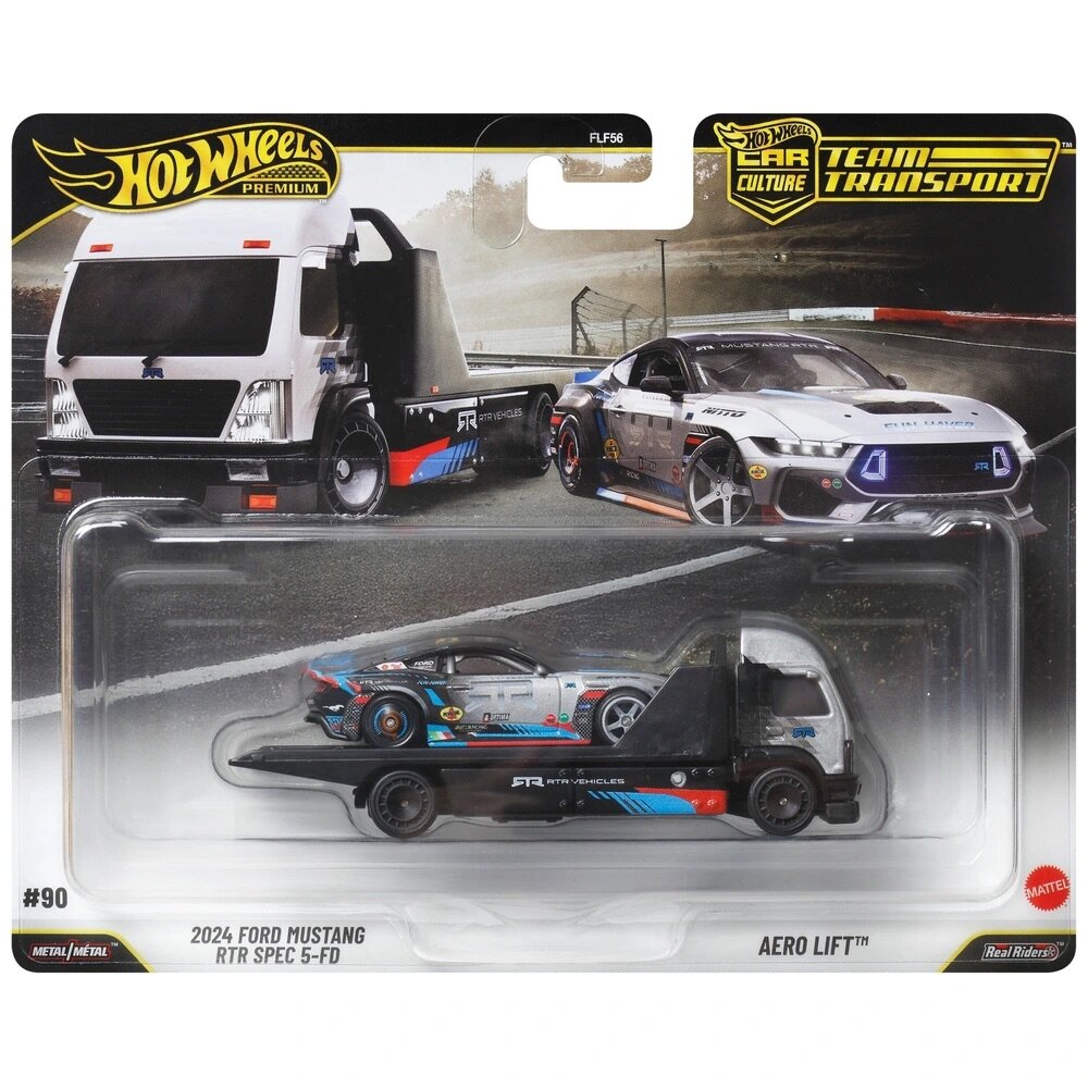 Opakowanie z modelem samochodu Hot Wheels Premium, przedstawiające 2024 Ford Mustang RTR Spec 5-FD na platformie Aero Lift. Widoczne są logotypy \'Hot Wheels Premium\', \'Car Culture Team Transport\' oraz \'Mattel\'.