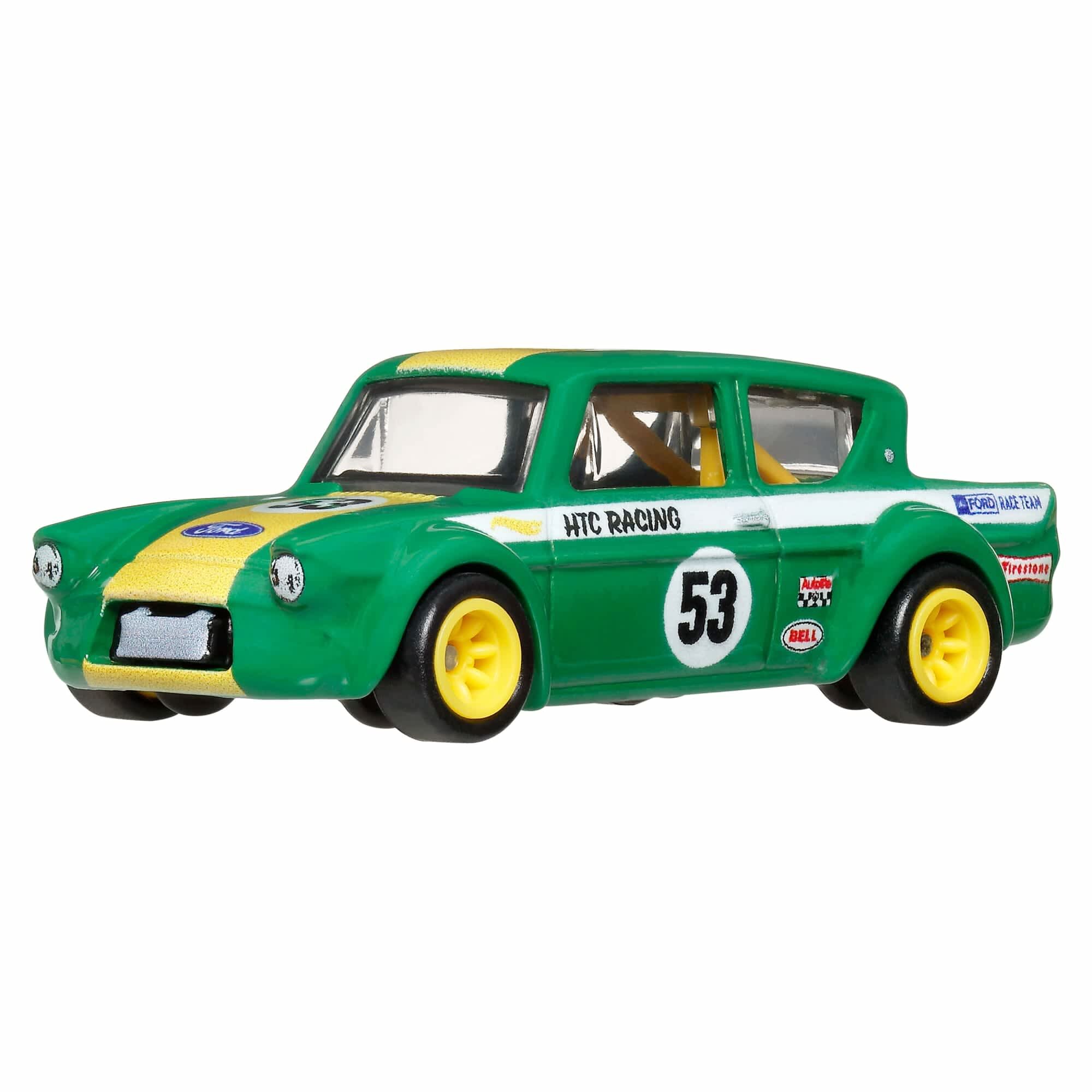 Zielony model samochodu wyścigowego z numerem 53 na boku i żółtymi kołami. Na karoserii widoczne są napisy \'HTC RACING\' oraz \'FORD RACE TEAM\'.
