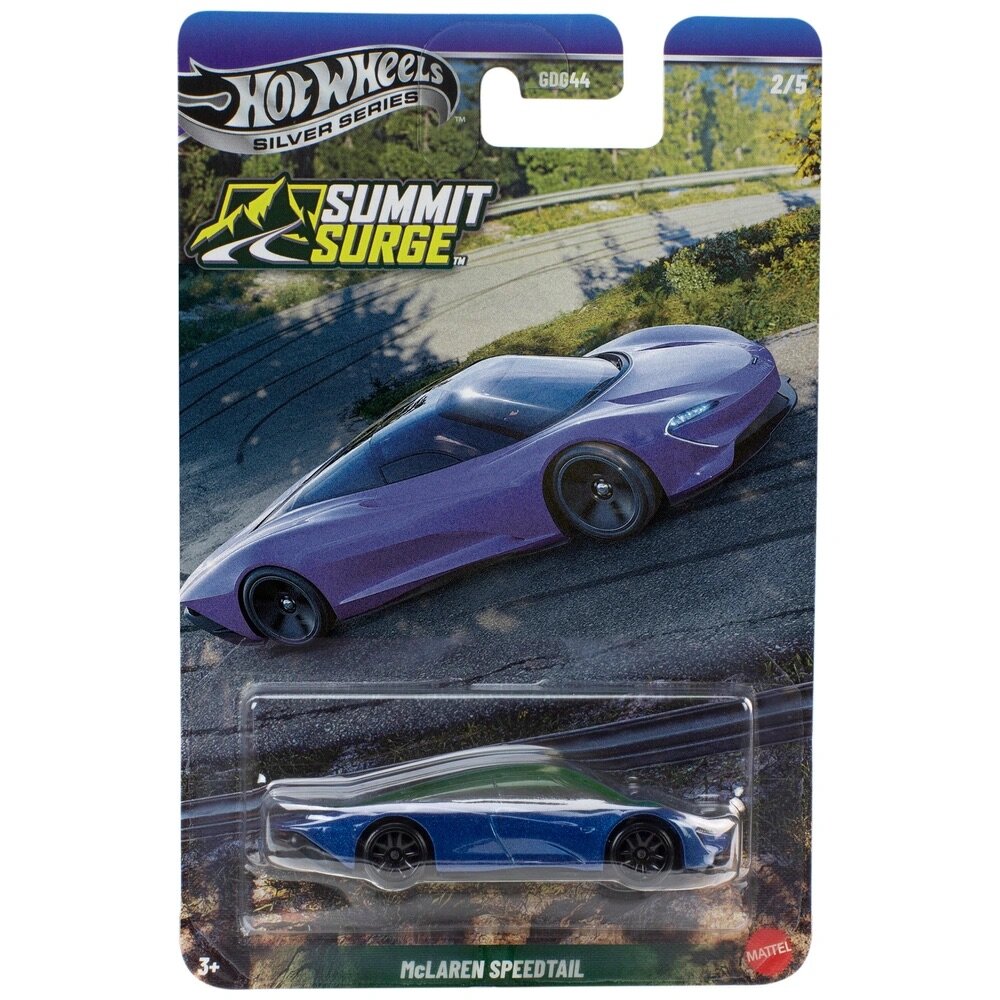 Opakowanie z modelem samochodu Hot Wheels Silver Series McLaren Speedtail, oznaczone jako Summit Surge 2/5. Widoczny jest fioletowy samochód na tle drogi oraz logo Mattel.