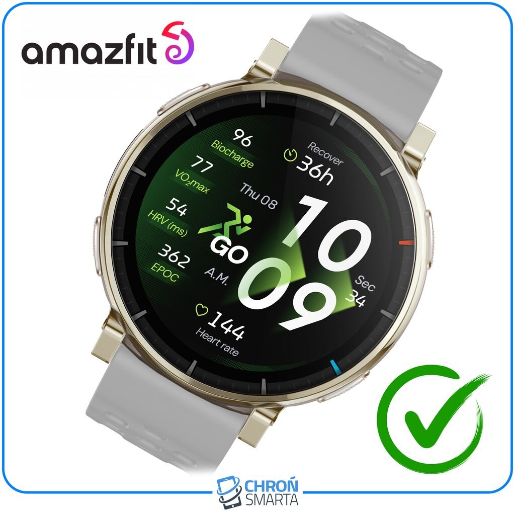 Na obrazie widoczny jest smartwatch z białym paskiem, na którego tarczy wyświetlane są różne dane, takie jak godzina, data i parametry zdrowotne. W lewym górnym rogu znajduje się logo \'amazfit\', a na dole logo \'CHROŃ SMARTA\'.