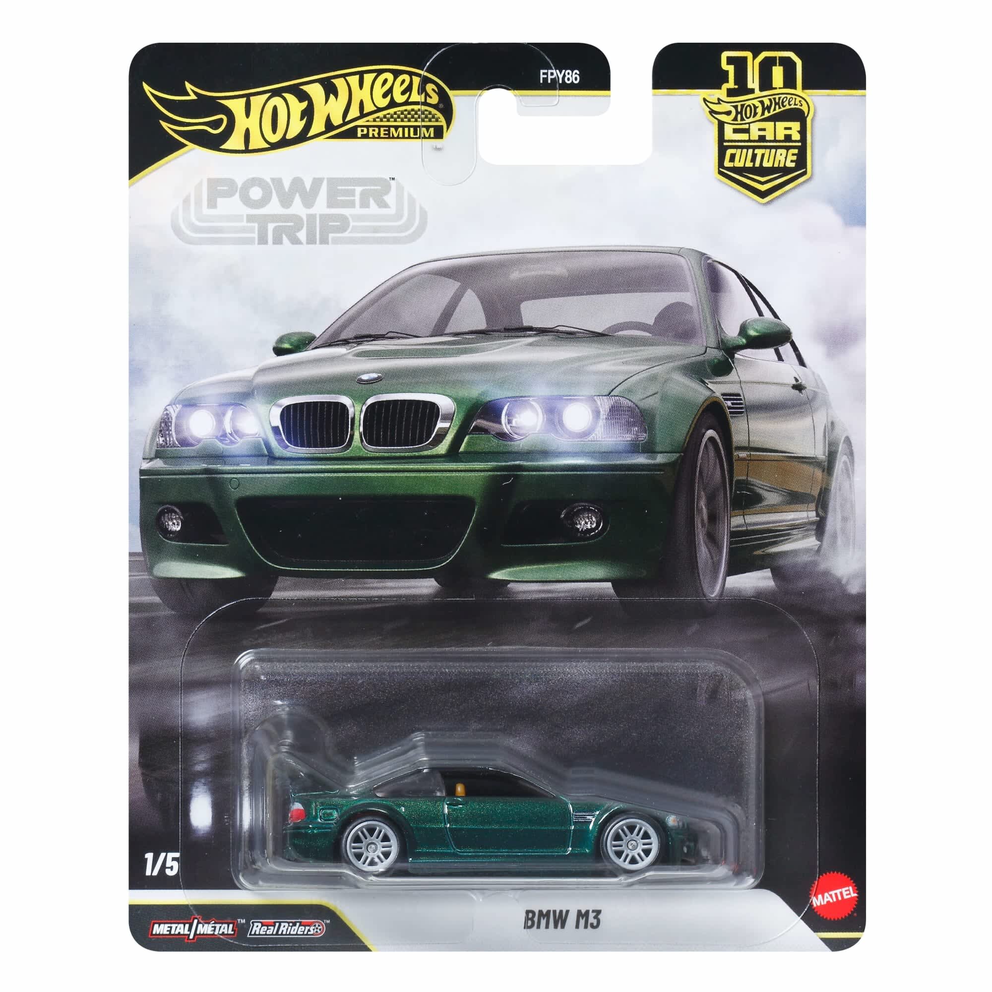 Opakowanie z modelem samochodu Hot Wheels Premium Power Trip, przedstawiające zielony samochód BMW M3. Widoczne są napisy: \'Hot Wheels Premium\', \'Power Trip\', \'BMW M3\', oraz logo \'Mattel\'.