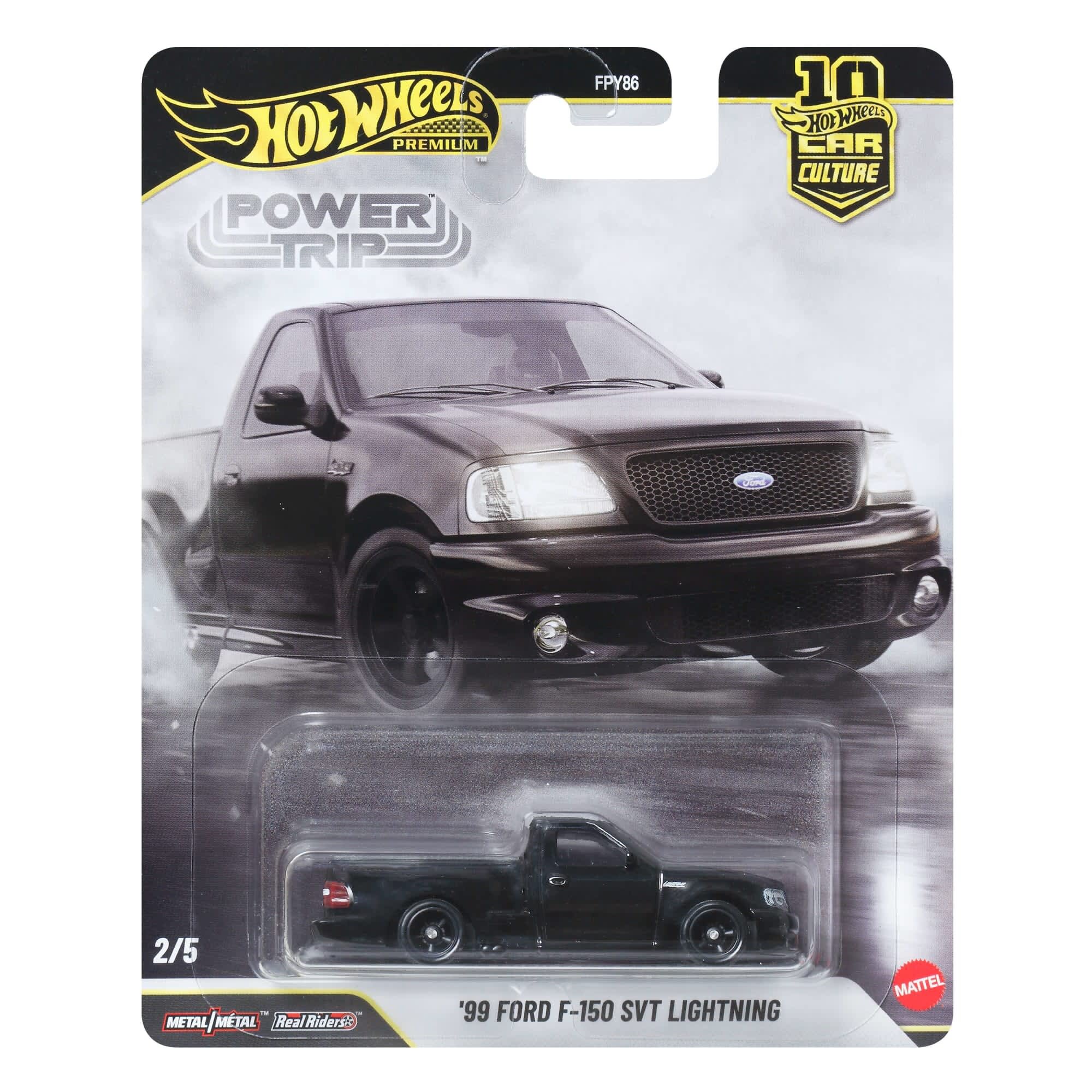 Opakowanie z modelem samochodu Hot Wheels Premium, przedstawiające czarny pojazd \'99 Ford F-150 SVT Lightning. Widoczne są logotypy \'Hot Wheels\', \'Power Trip\', \'Metal/Metal\', \'Real Riders\' oraz \'Mattel\'.