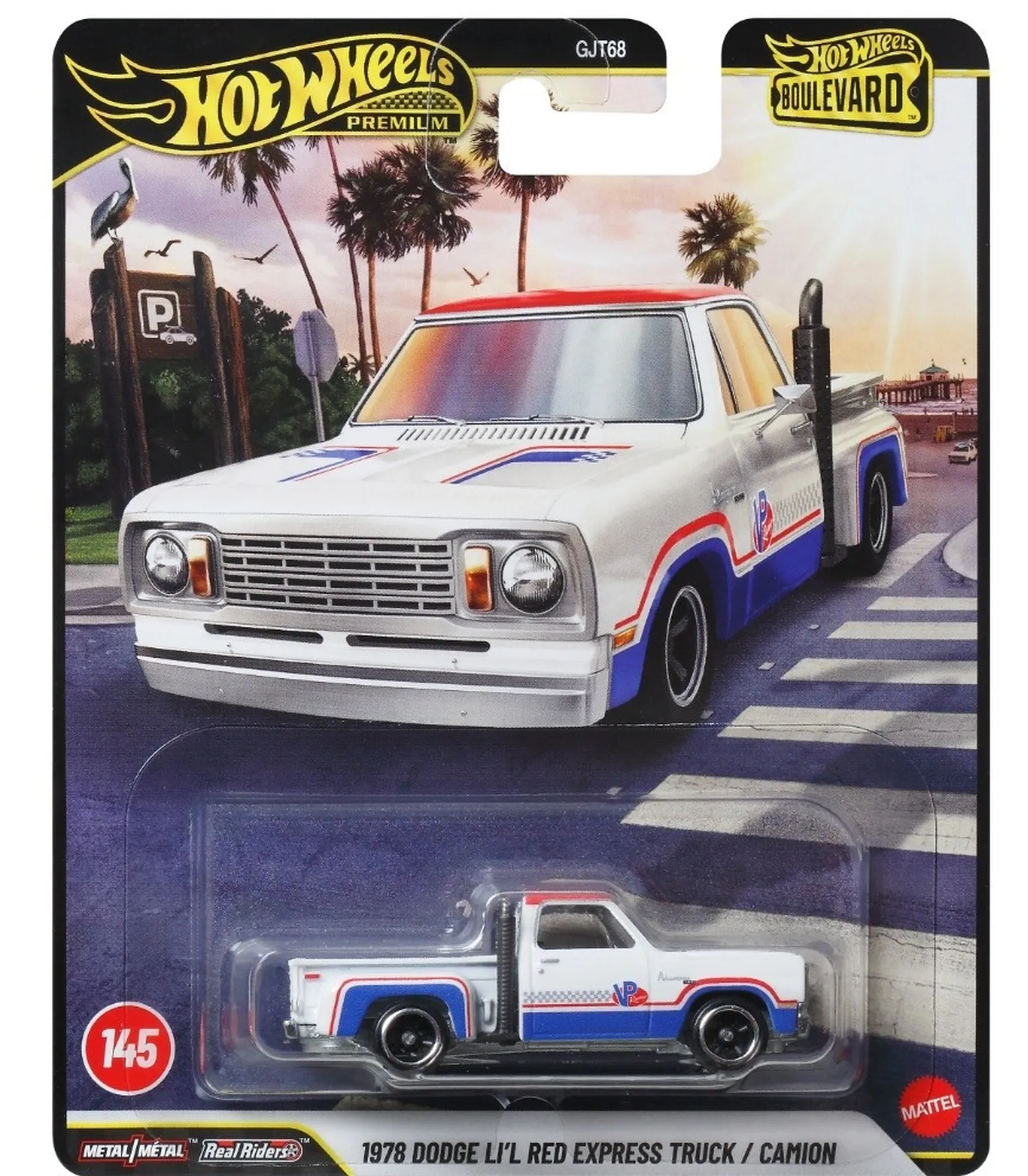 Opakowanie z modelem samochodu Hot Wheels Premium, przedstawiające biały pojazd z niebiesko-czerwonymi detalami. Na opakowaniu widnieje napis \'1978 Dodge Li\'l Red Express Truck / Camion\'.