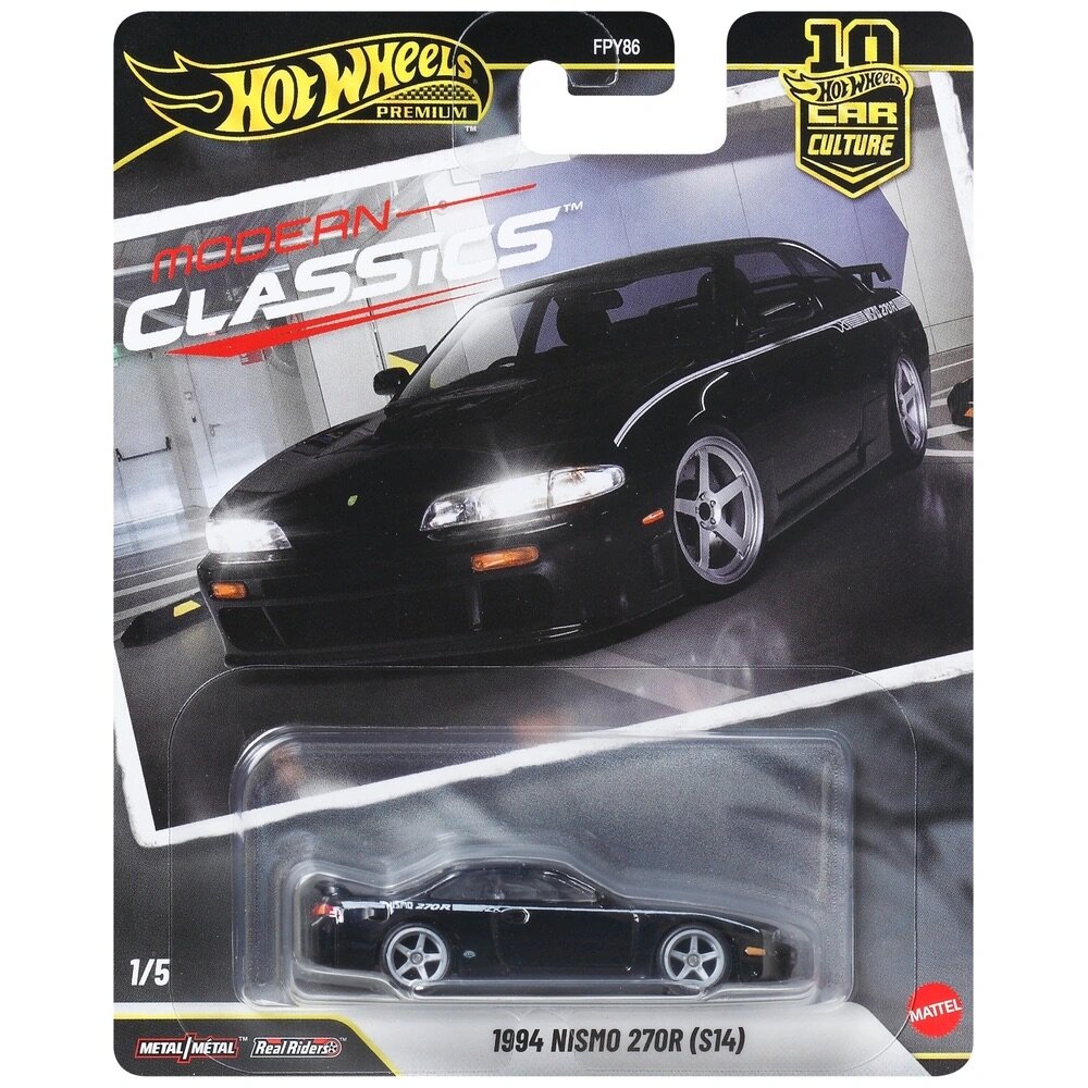 Opakowanie z modelem samochodu Hot Wheels Premium, przedstawiające czarny samochód 1994 Nismo 270R (S14) w przezroczystej osłonie. Na górze widoczne są napisy \'Hot Wheels Premium\', \'Modern Classics\' oraz \'10 Hot Wheels Car Culture\'.
