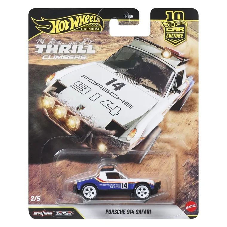 Opakowanie z modelem samochodu Hot Wheels Premium Thrill Climbers, przedstawiające Porsche 914 Safari z numerem 14. Na opakowaniu widnieje napis \'Porsche 914\' oraz logo \'Mattel\'.
