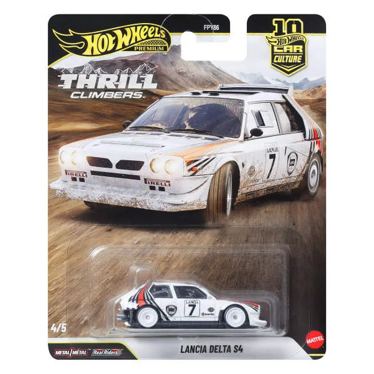Opakowanie z modelem samochodu Lancia Delta S4 z serii Hot Wheels Premium Thrill Climbers. Na opakowaniu widoczny jest duży obraz samochodu rajdowego oraz logo Hot Wheels i napis \'Lancia Delta S4\'.
