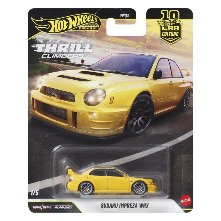 Opakowanie z modelem samochodu Hot Wheels Premium Thrill Climbers przedstawia żółty samochód Subaru Impreza WRX. Na opakowaniu widnieje napis \'THRILL CLIMBERS\' oraz logo \'Hot Wheels Car Culture\'.
