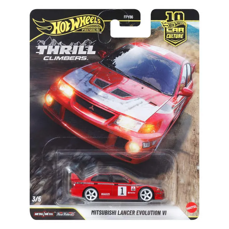 Opakowanie z modelem samochodu Hot Wheels Premium Thrill Climbers, przedstawiające czerwony Mitsubishi Lancer Evolution VI. Na opakowaniu widnieje napis \'Mitsubishi Lancer Evolution VI\' oraz logo \'Mattel\'.