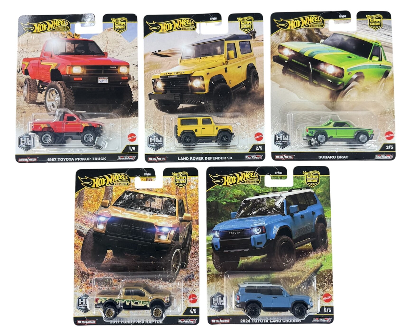 Na obrazie widoczne są opakowania pięciu modeli samochodów Hot Wheels Premium Hw Off Road. Każde opakowanie zawiera metalowy model samochodu oraz grafikę przedstawiającą pojazd w terenie.