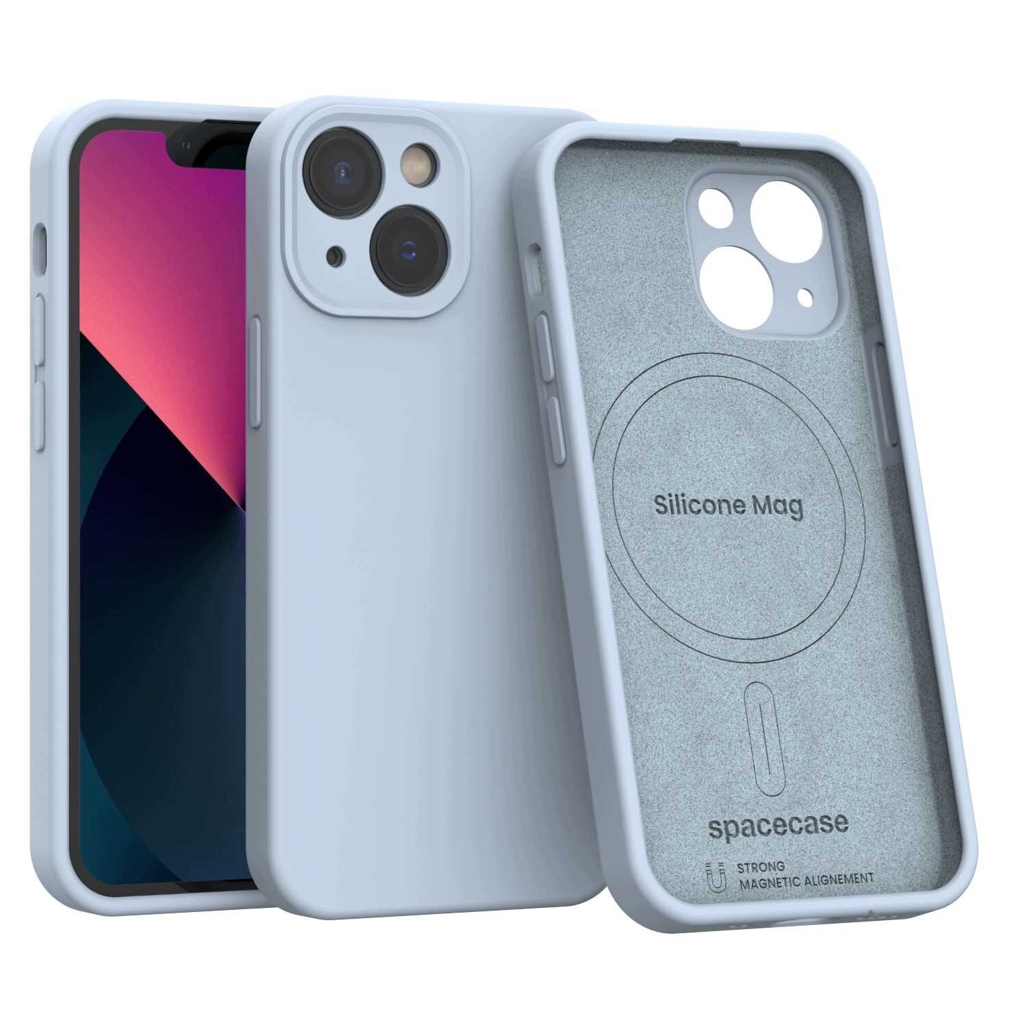 Na obrazie widoczne jest silikonowe etui magnetyczne w kolorze niebieskim, przeznaczone do iPhone 13 mini. Na wewnętrznej stronie etui znajduje się napis \'Silicone Mag\' oraz logo \'spacecase\'.