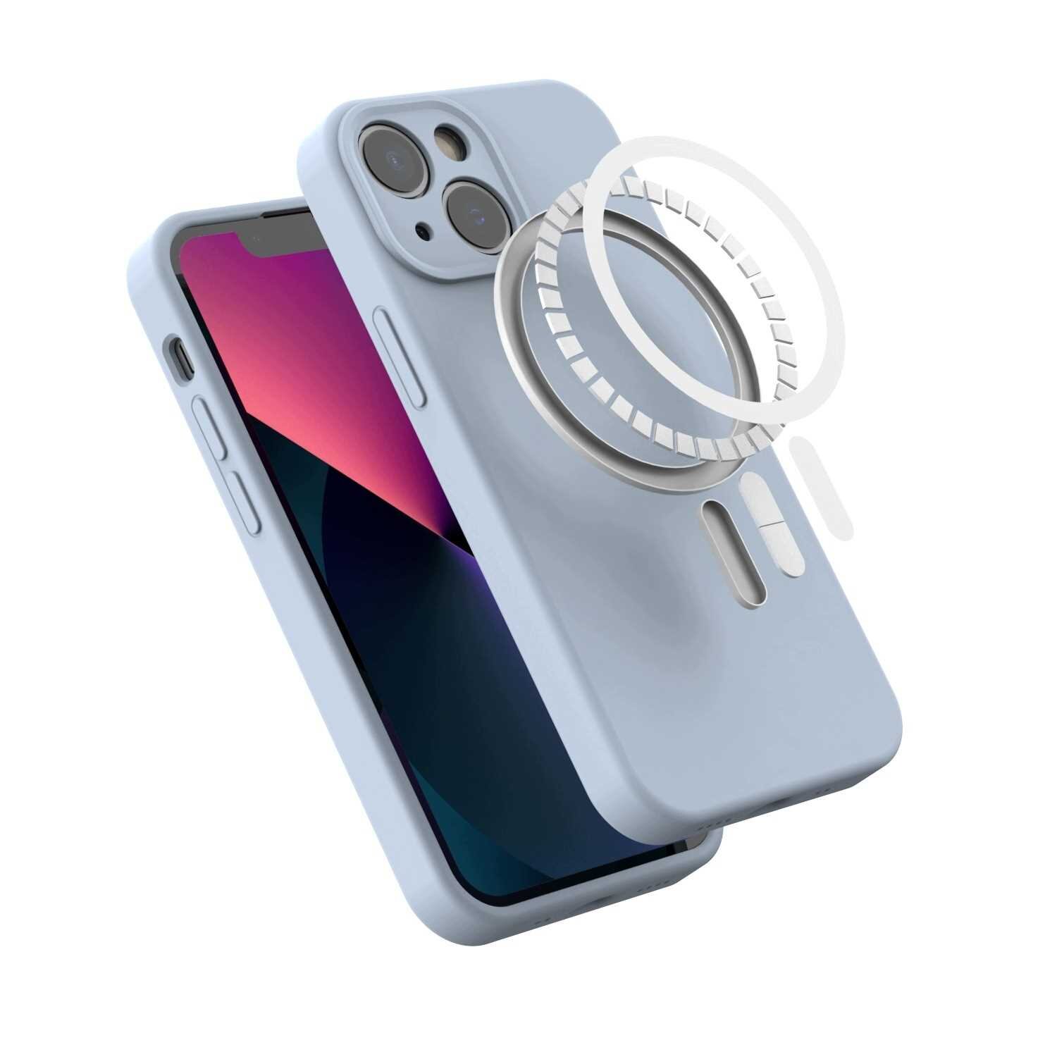 Niebieskie silikonowe etui magnetyczne z MagSafe do iPhone 13 mini, z widocznymi wycięciami na aparat i przyciski. Obok etui znajduje się schematyczne przedstawienie pierścienia magnetycznego.