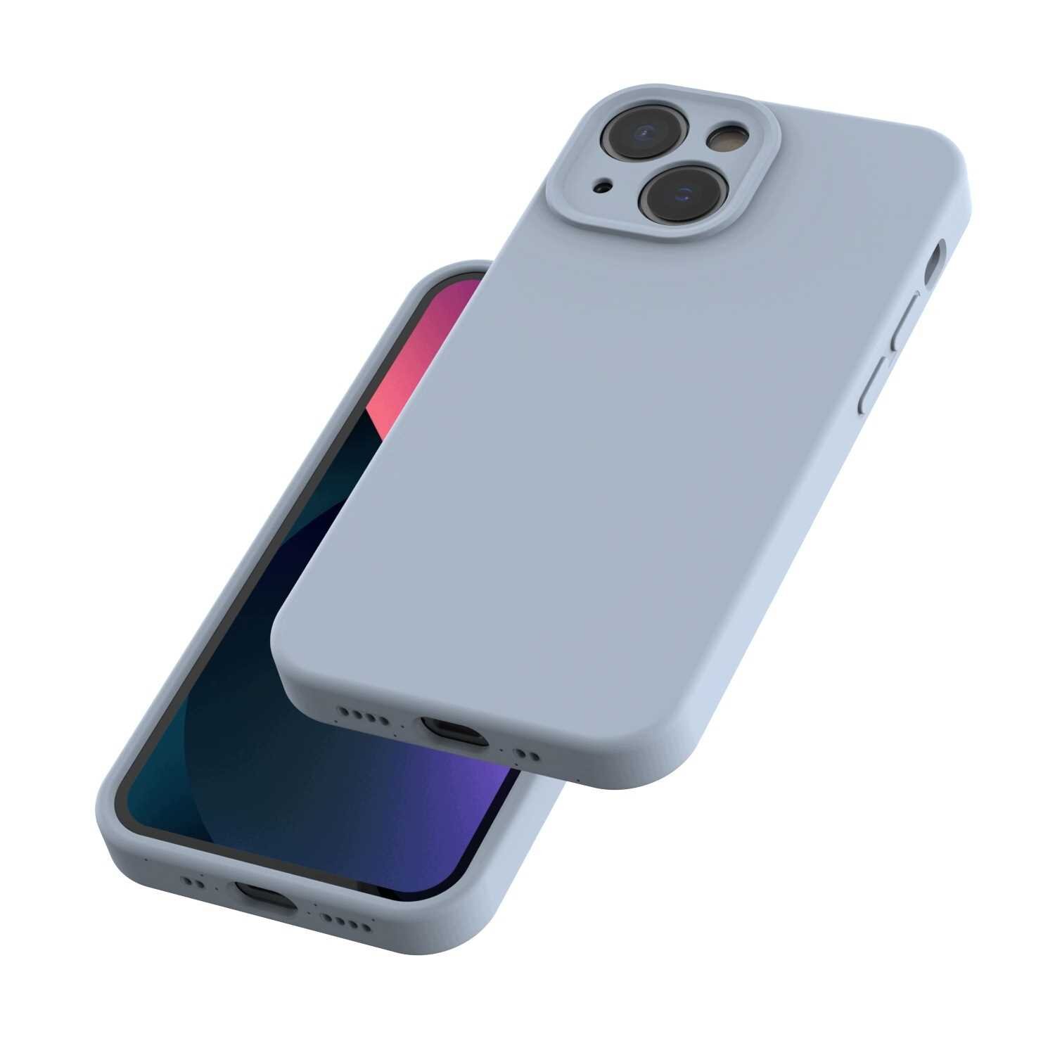 Na obrazie widoczne są dwa silikonowe etui w kolorze niebieskim, przeznaczone do iPhone 13 mini. Etui posiadają wycięcia na aparat i przyciski oraz otwory na dolnej krawędzi.