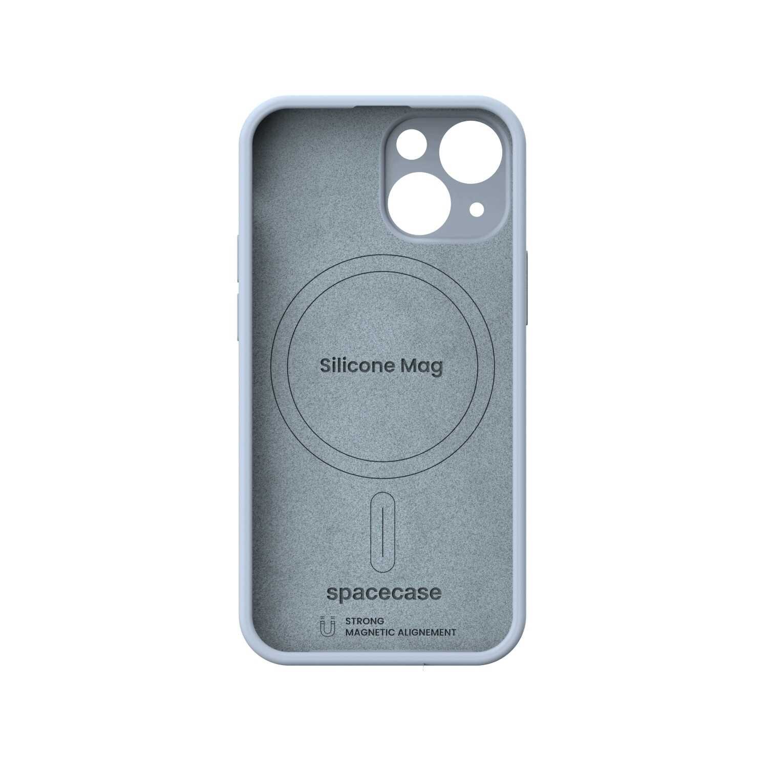 Silikonowe etui magnetyczne w kolorze niebieskim z okrągłym wzorem i napisem \'Silicone Mag\' oraz \'spacecase\' na wewnętrznej stronie. Widoczne są także napisy \'STRONG MAGNETIC ALIGNEMENT\'.