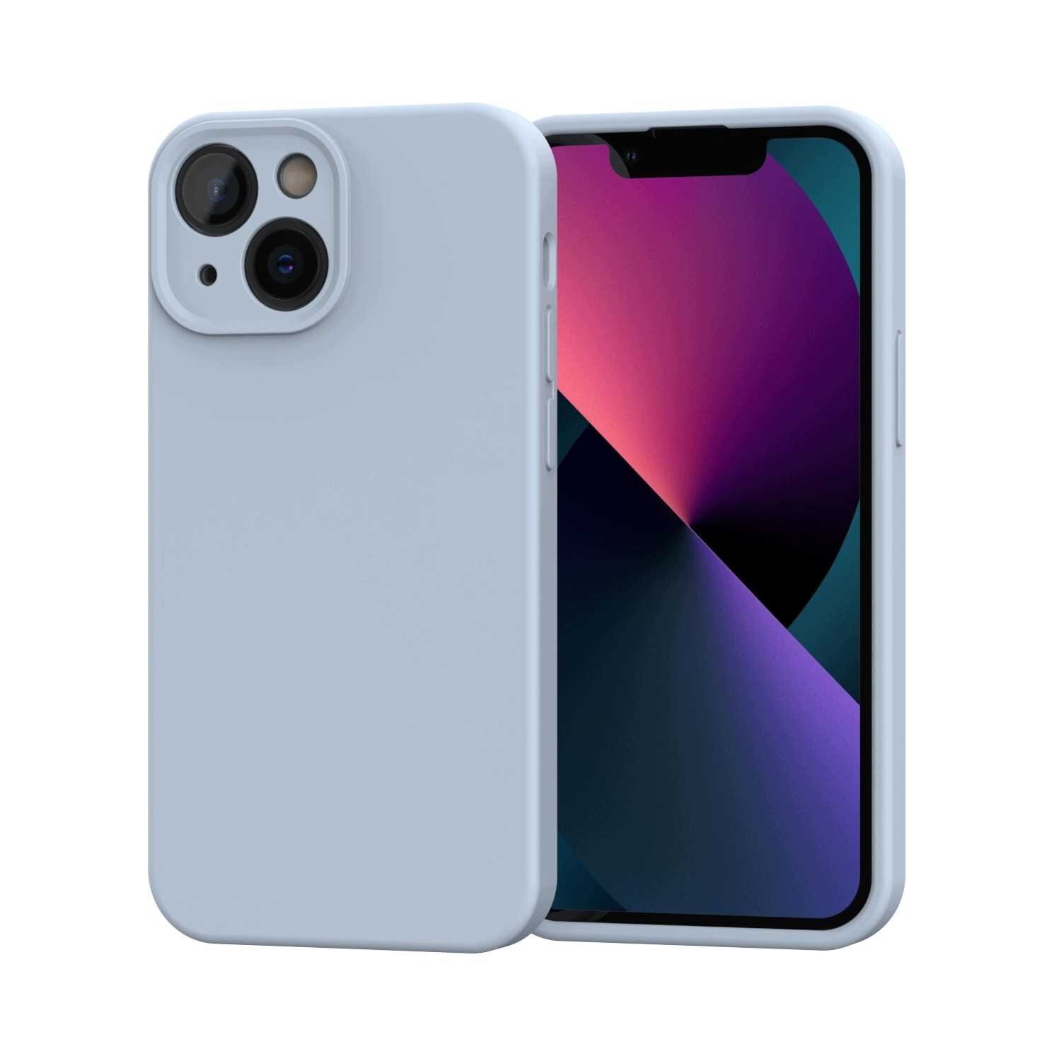 Silikonowe etui magnetyczne w kolorze niebieskim, przeznaczone do iPhone 13 mini, z widocznymi wycięciami na aparat i przyciski. Telefon w etui wyświetla kolorowy ekran.