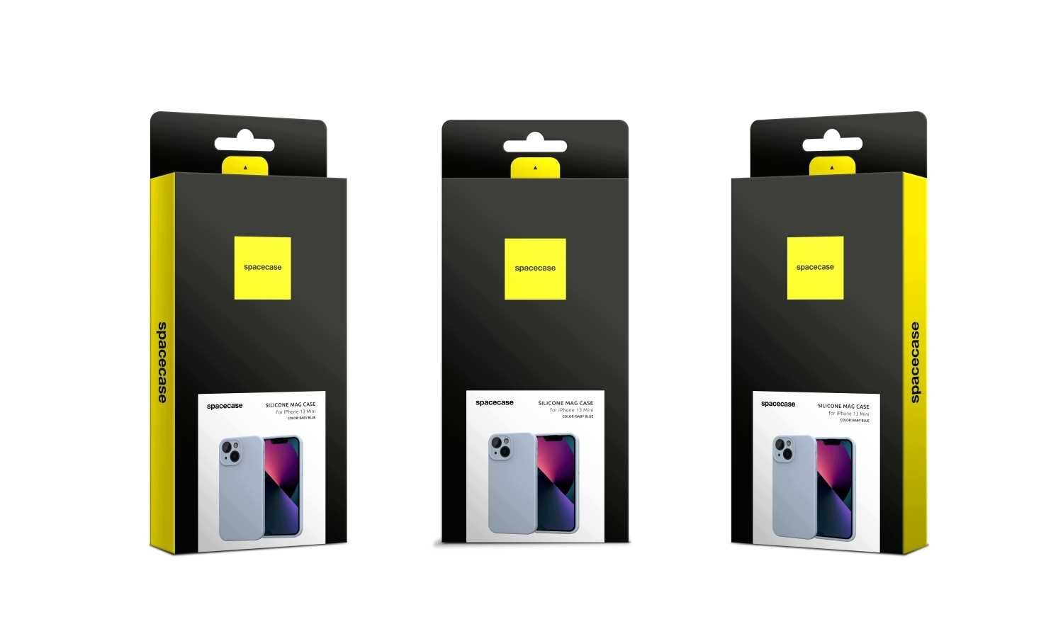 Trzy opakowania produktu SPACECASE Silicone Mag Case z widocznym zdjęciem etui na iPhone 13 mini w kolorze niebieskim. Na opakowaniu znajduje się logo \'spacecase\' oraz napis \'SILICONE MAG CASE\'.