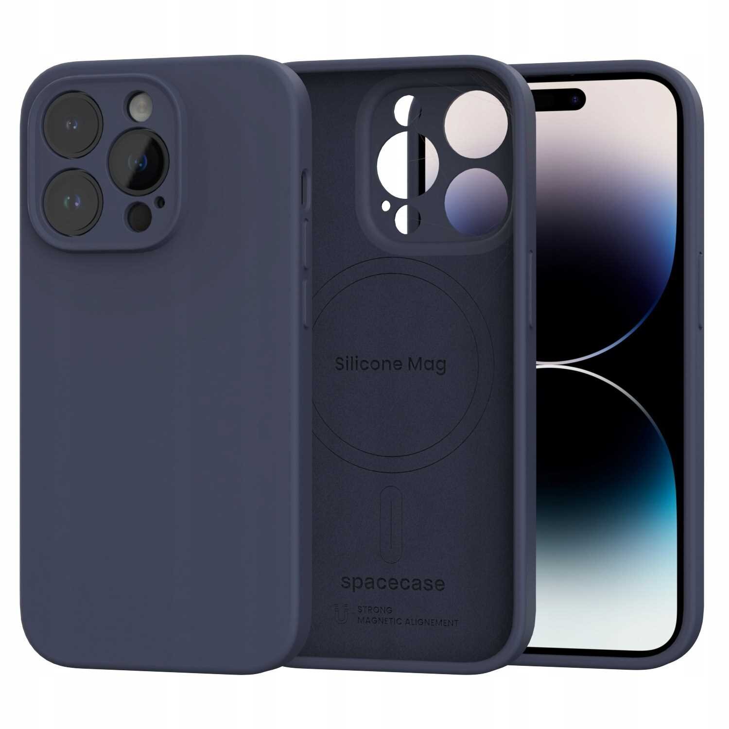 Silikonowe etui magnetyczne w kolorze niebieskim z widocznymi wycięciami na aparat i logo \'spacecase\'. Wewnątrz etui znajduje się napis \'Silicone Mag\' oraz oznaczenie \'STRONG MAGNETIC ALIGNMENT\'.