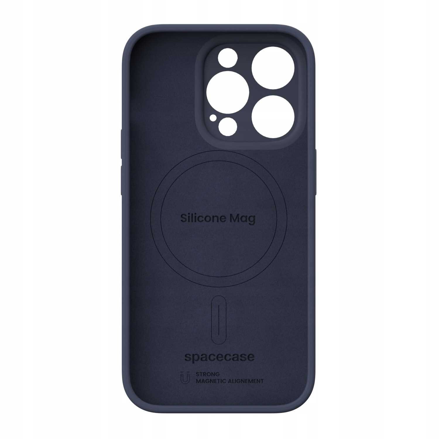 Niebieskie silikonowe etui z wycięciami na aparat i napisem \'Silicone Mag\' oraz \'spacecase\'.