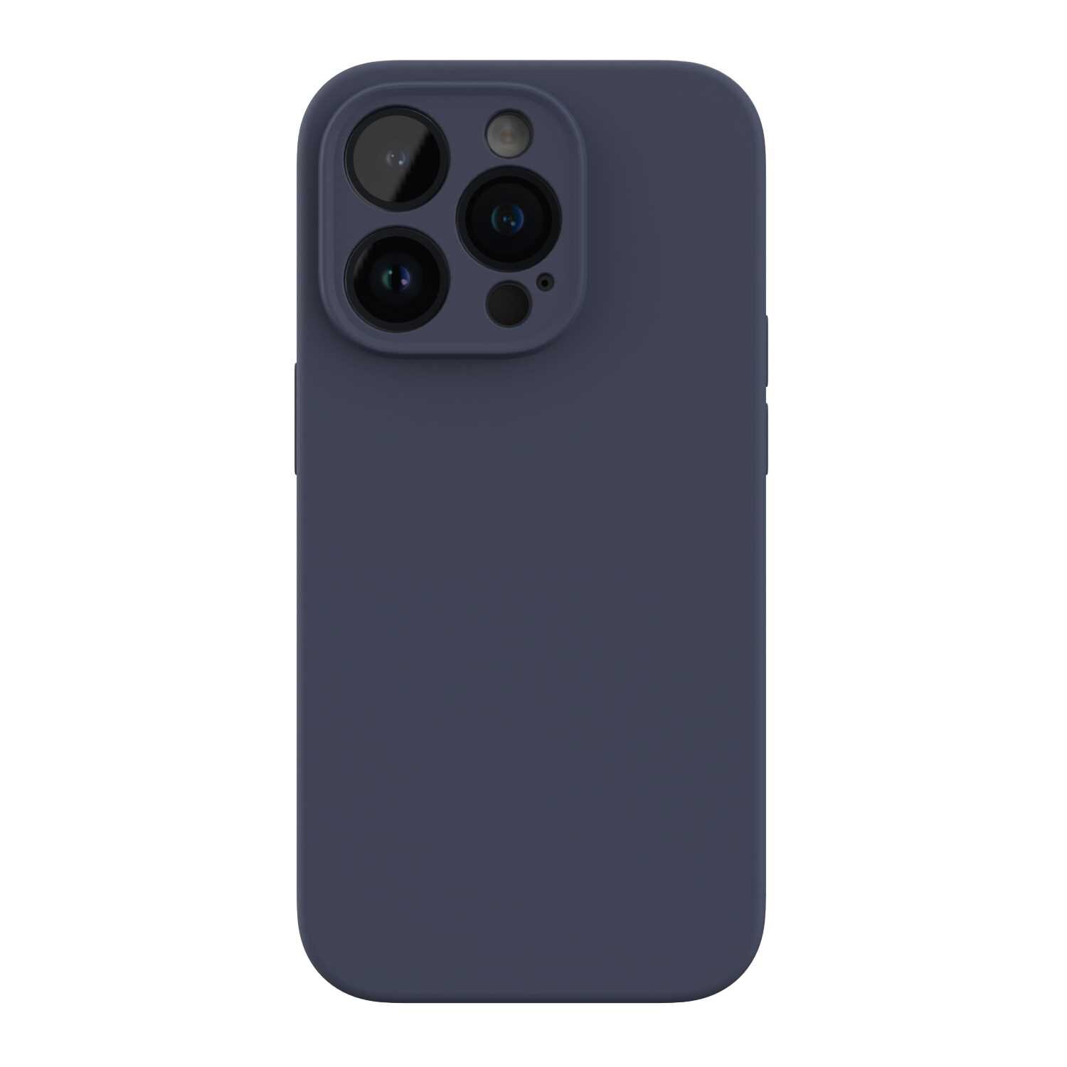 Na obrazie widoczne jest silikonowe etui w kolorze niebieskim, przeznaczone na telefon z trzema obiektywami aparatu. Etui ma gładką powierzchnię i otwory na kamerę oraz inne elementy telefonu.