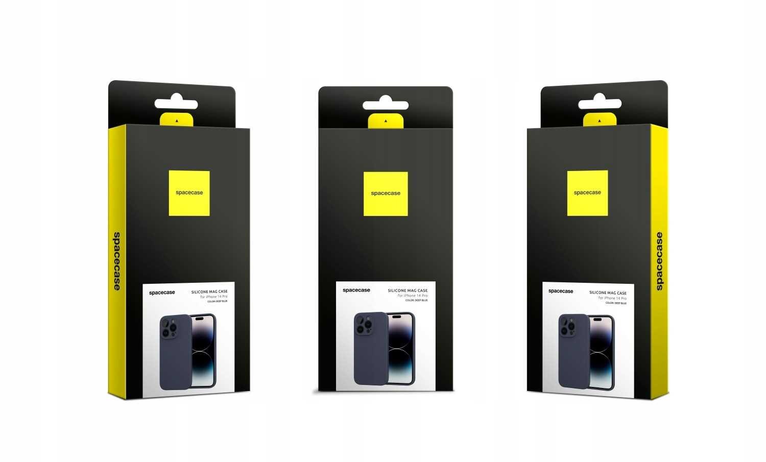 Trzy opakowania produktu z logo \'spacecase\' na czarnym tle z żółtym akcentem. Na opakowaniu widoczny jest obraz etui na telefon oraz napis \'HYBRID MAG\'.
